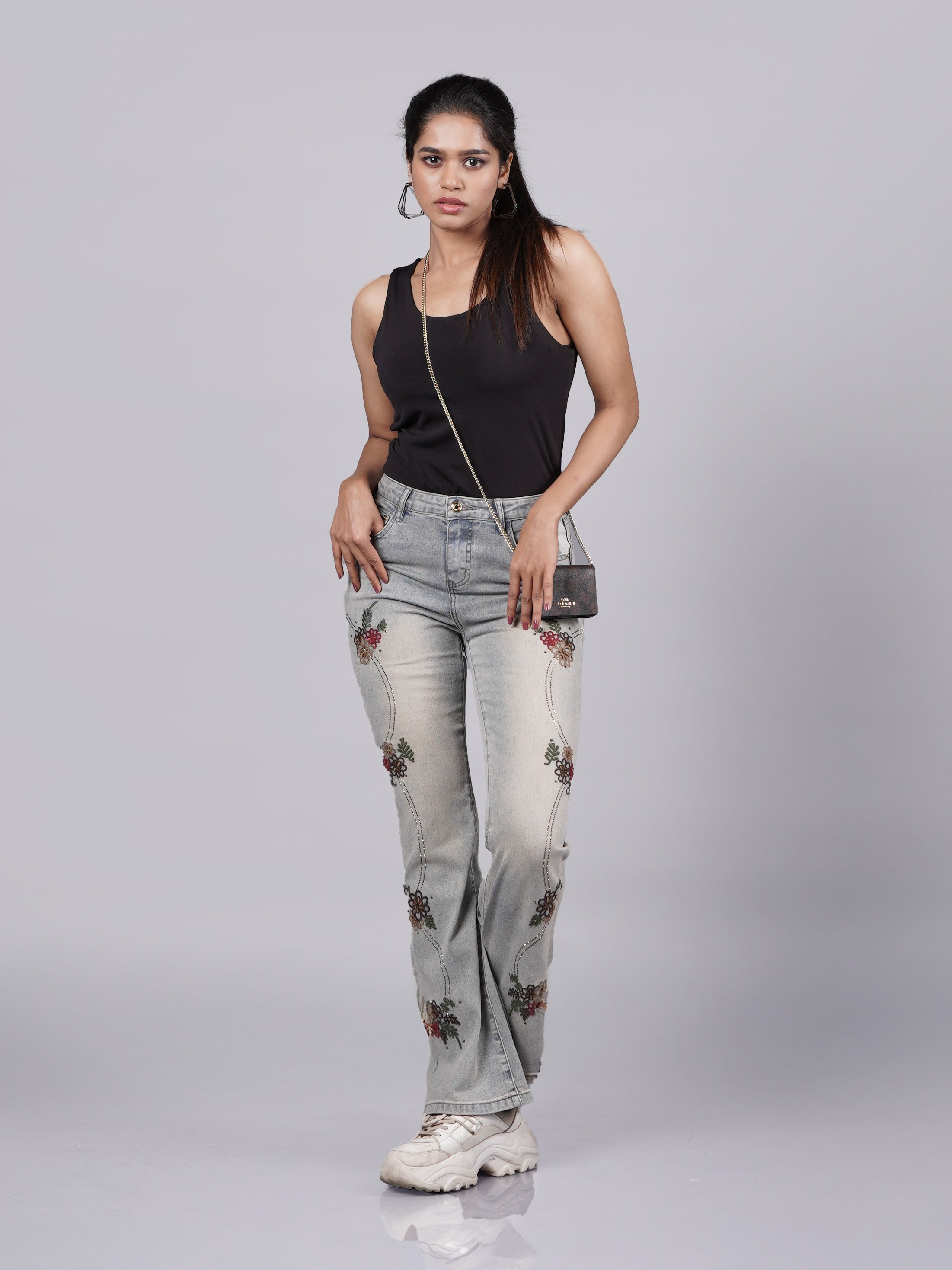 Vintage Embroidered Grey Denim Pant