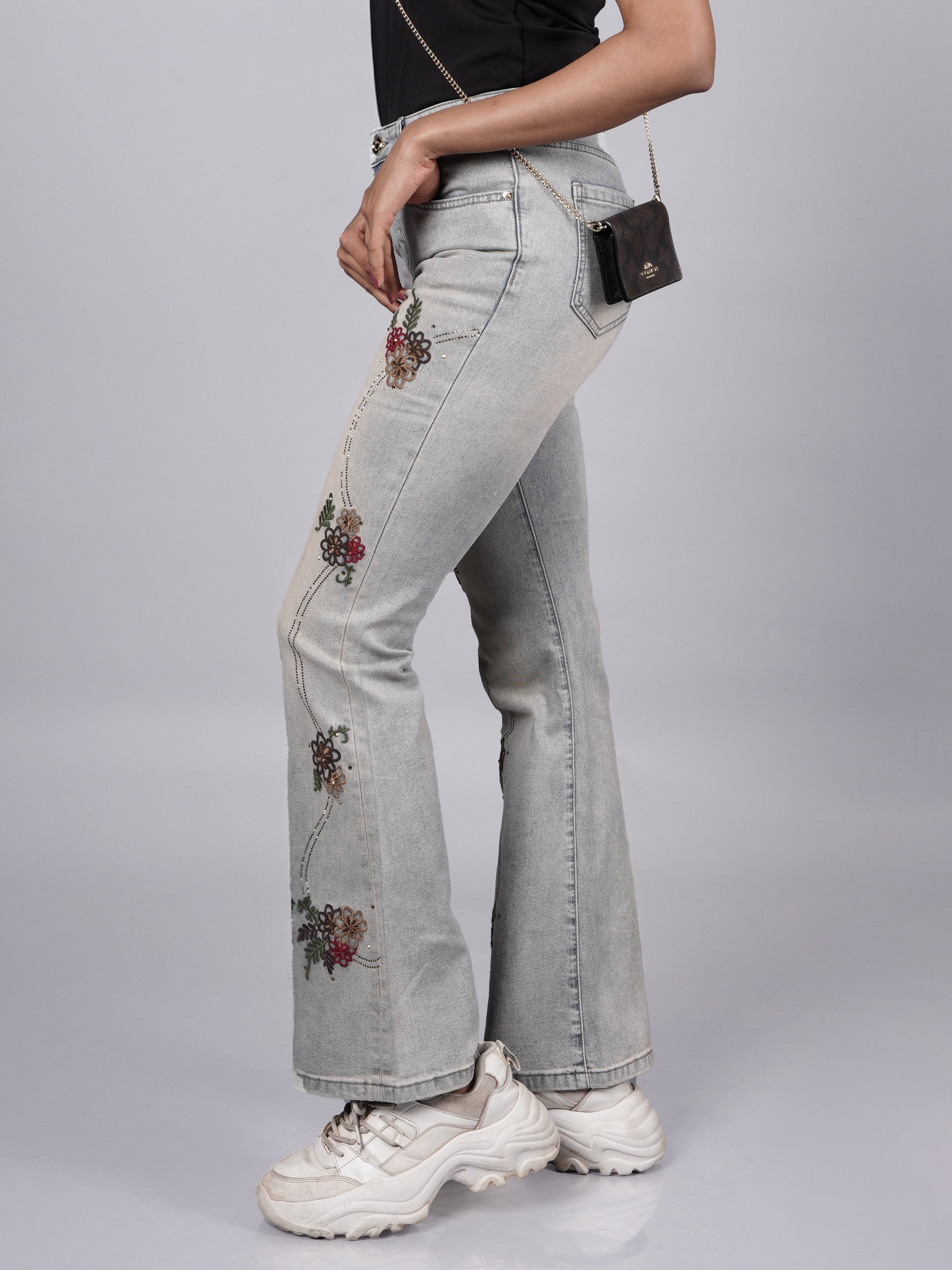 Vintage Embroidered Grey Denim Pant