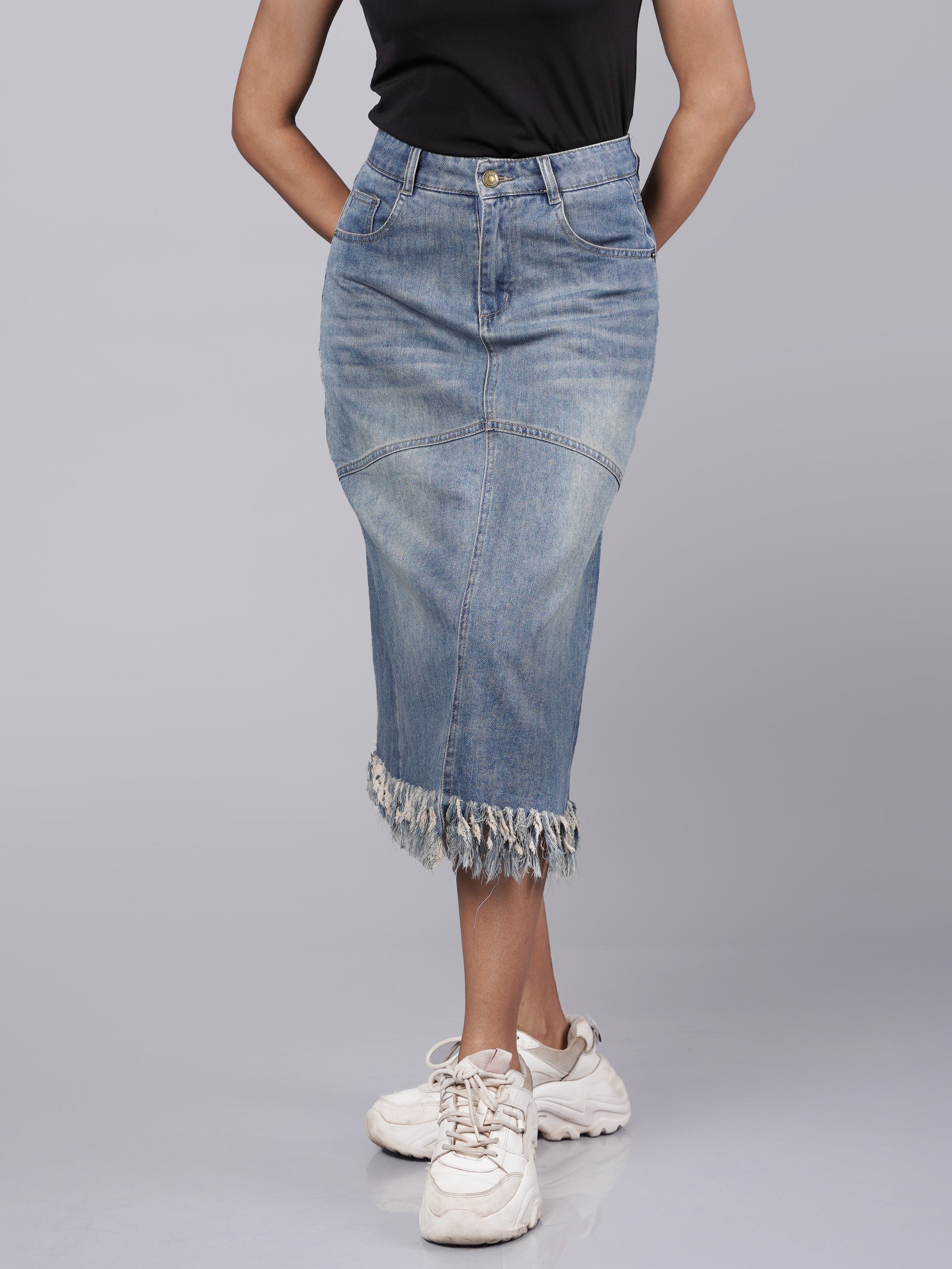 Classic Fringed Blue Denim Midi Skirt