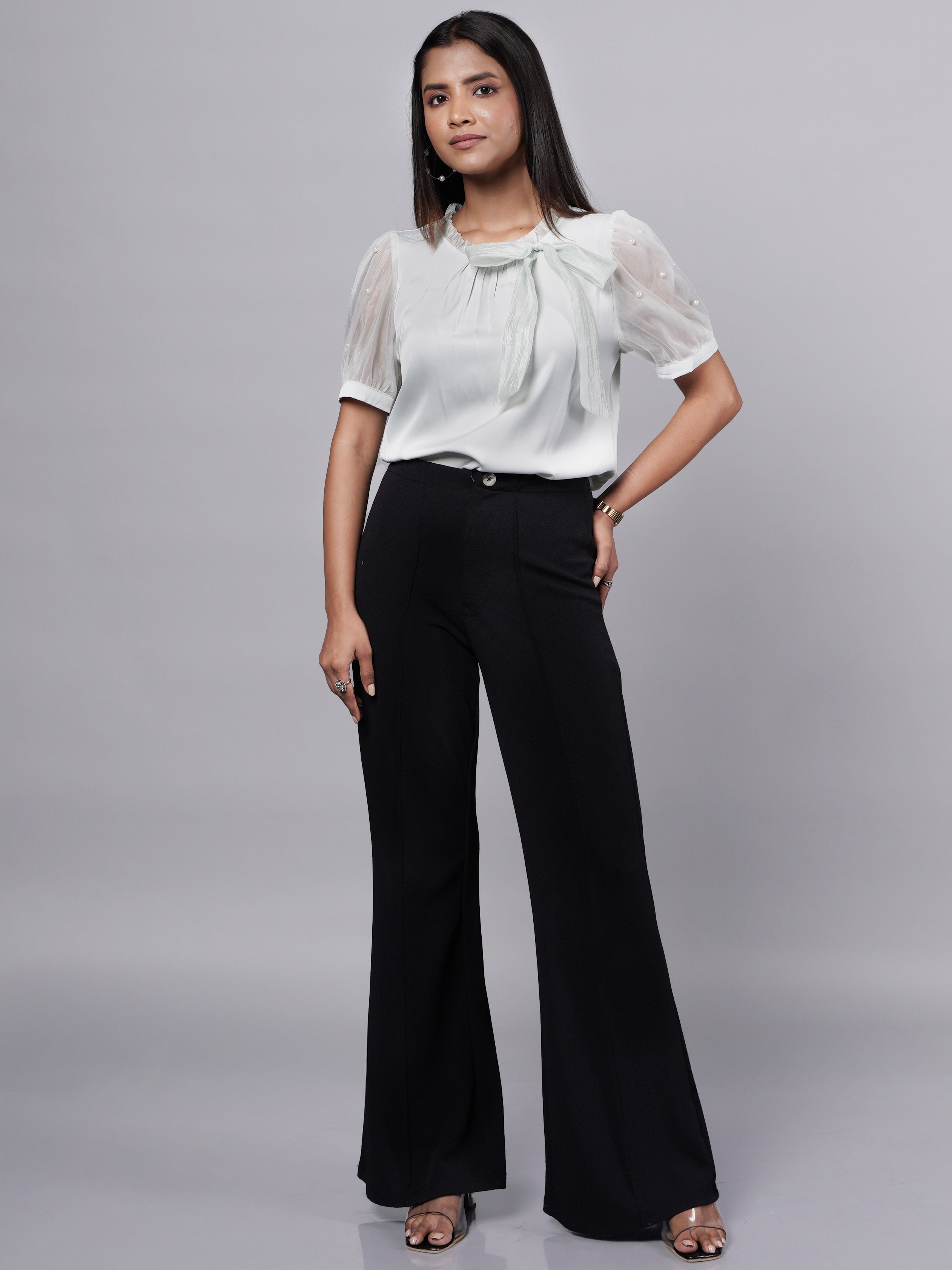 Pearls & Bow Detailed Puff Sleeve Green Top