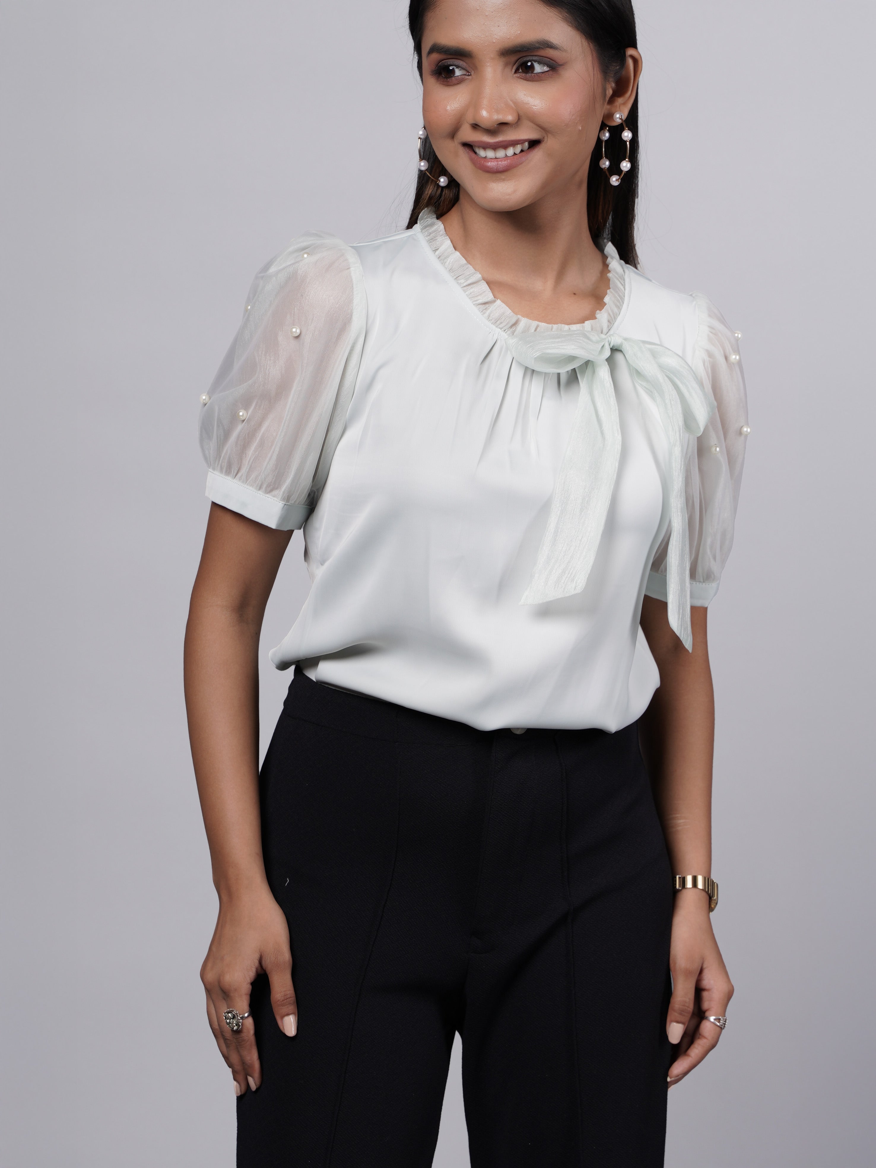 Pearls & Bow Detailed Puff Sleeve Green Top
