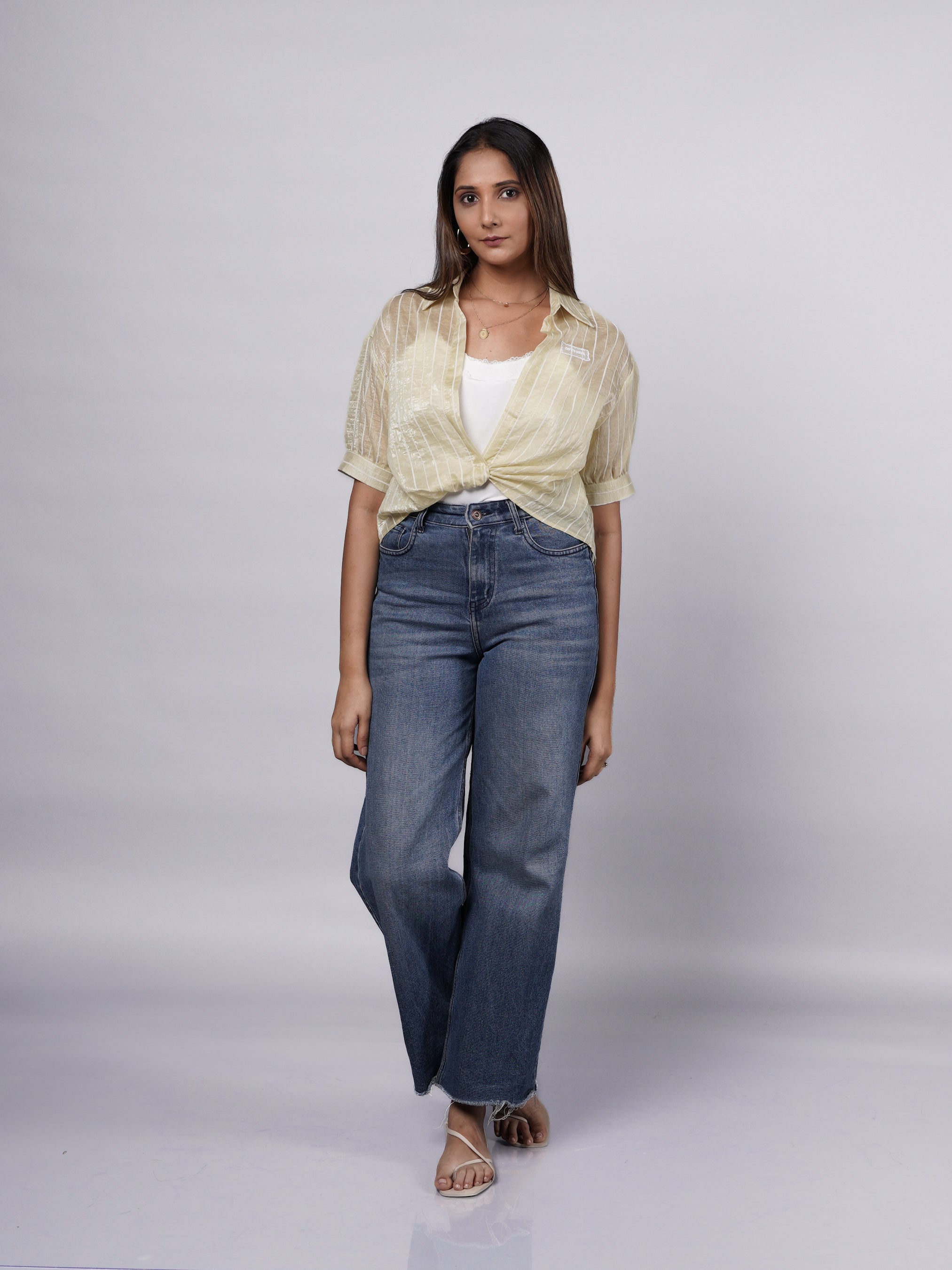 Yellow Crop Top with Sheer Striped Shirt – 2-Piece