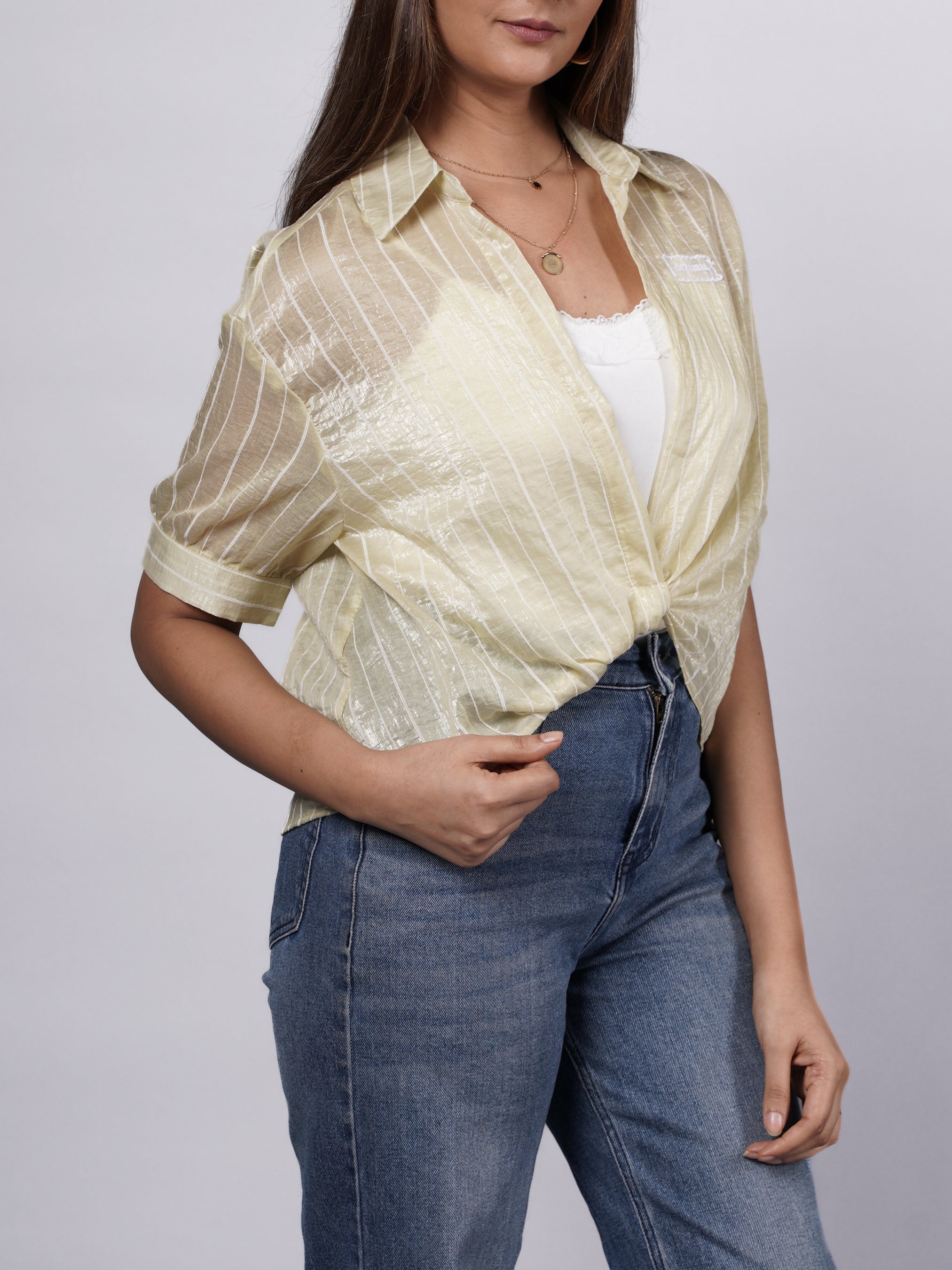 Yellow Crop Top with Sheer Striped Shirt – 2-Piece