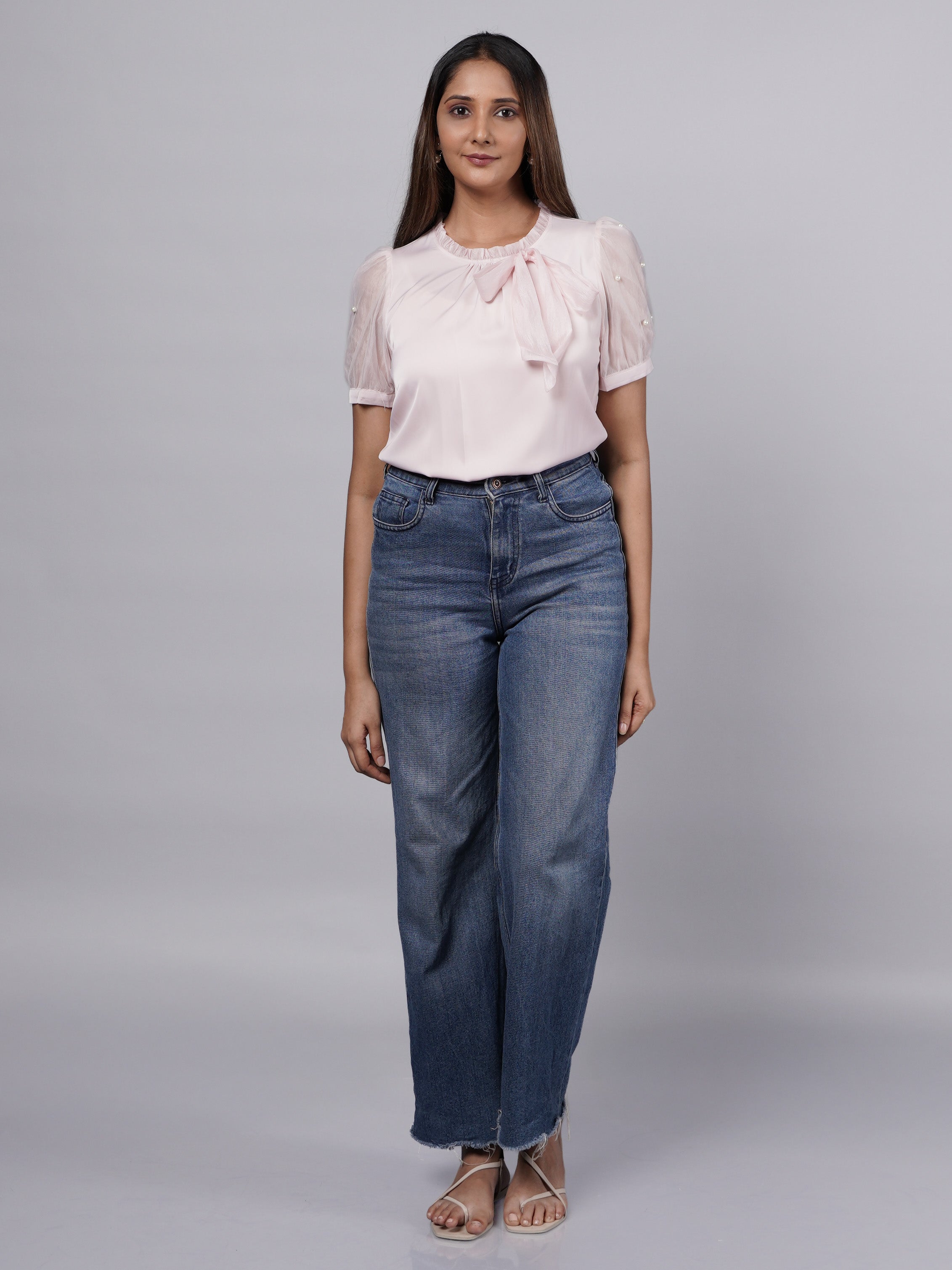 Pearls & Bow Detailed Puff Sleeve Pink Top