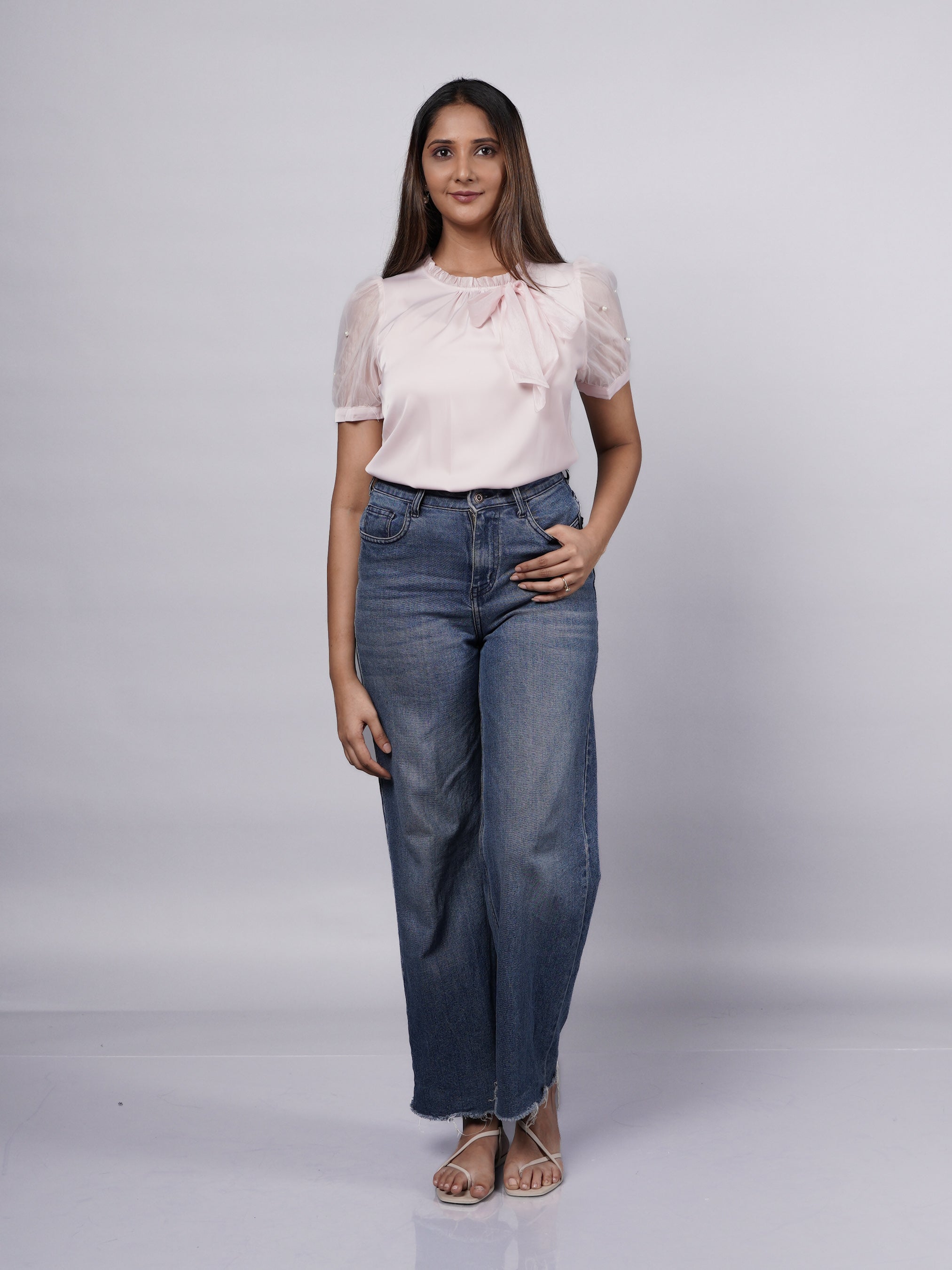 Pearls & Bow Detailed Puff Sleeve Pink Top