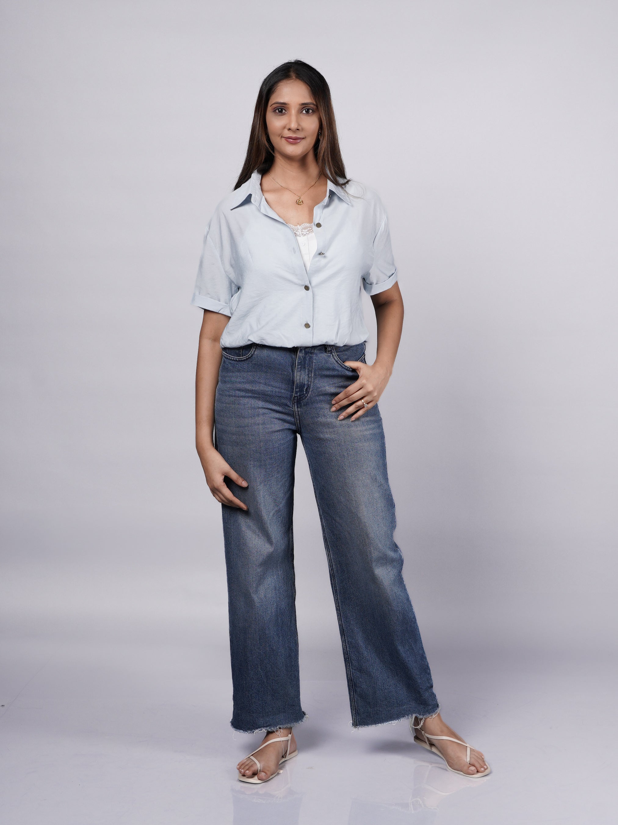 Blue Oversized Shirt with Attached Lace Cami