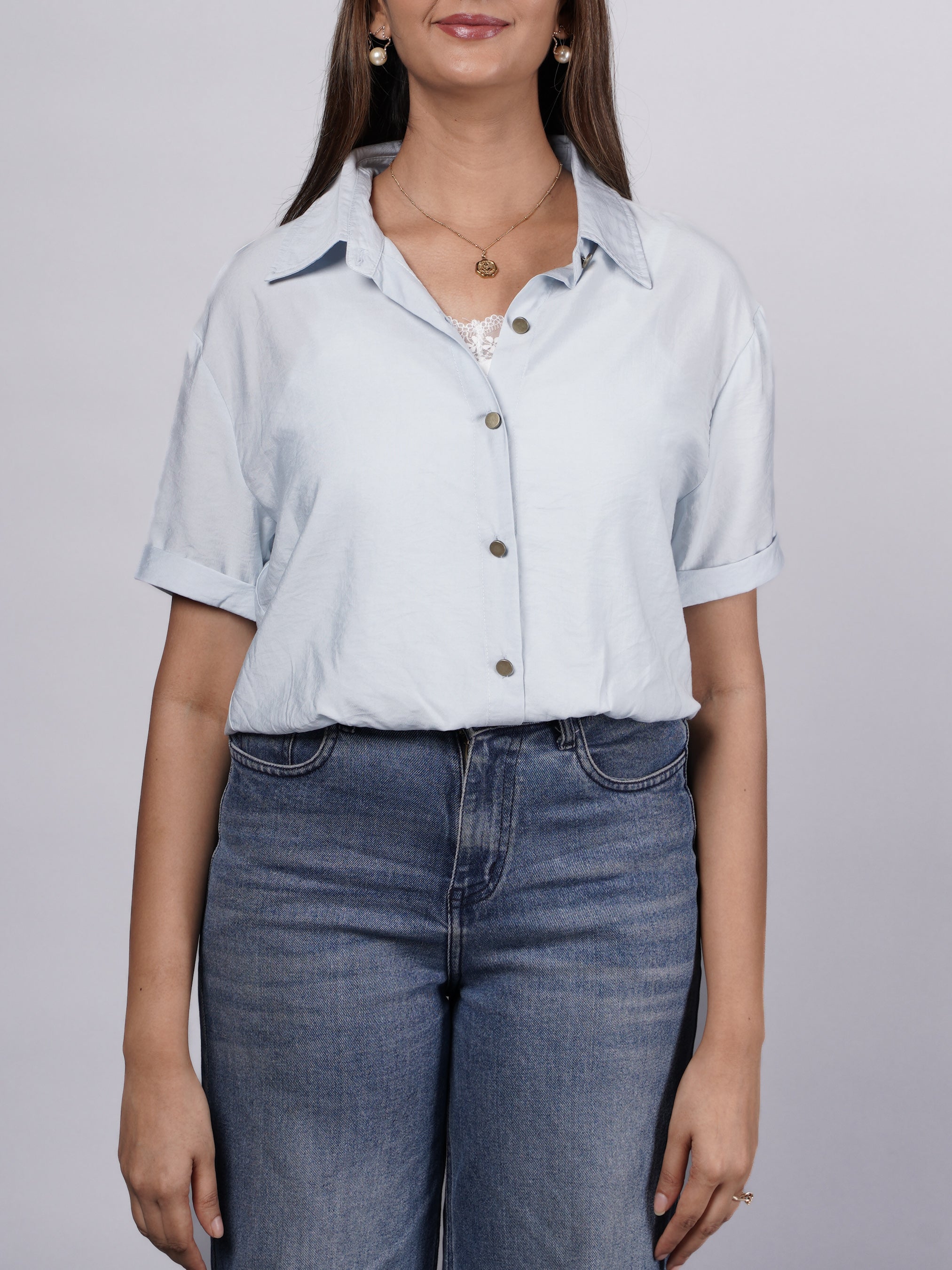 Blue Oversized Shirt with Attached Lace Cami