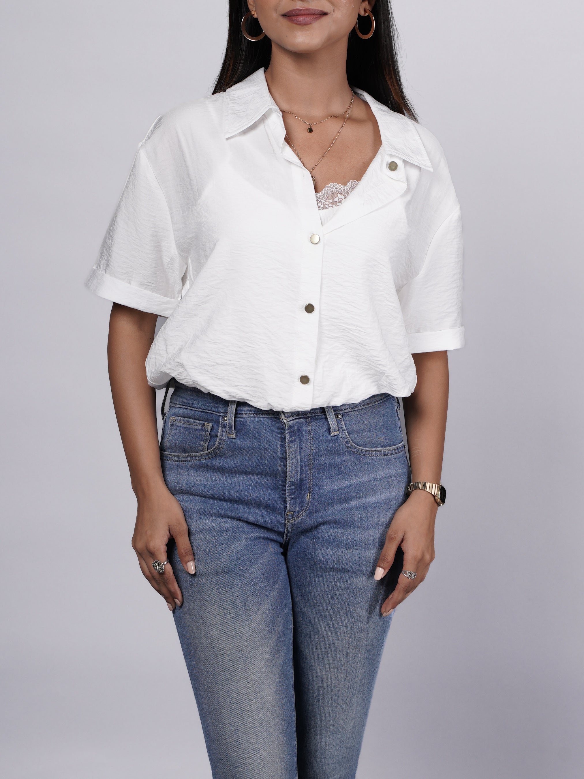 White Oversized Shirt with Attached Lace Cami