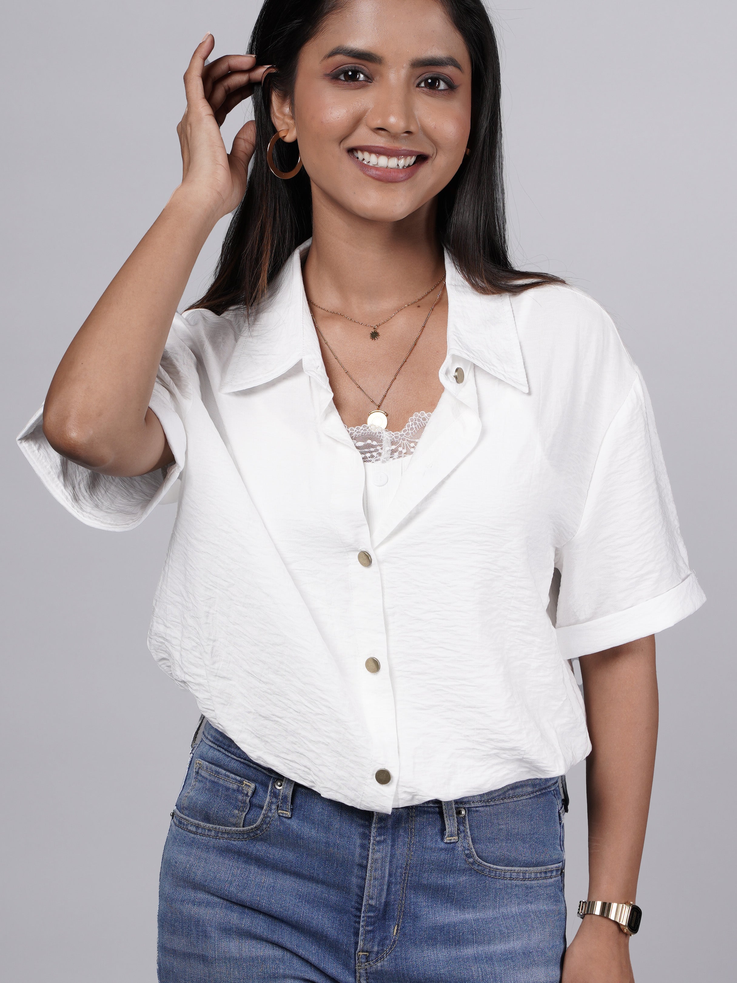 White Oversized Shirt with Attached Lace Cami