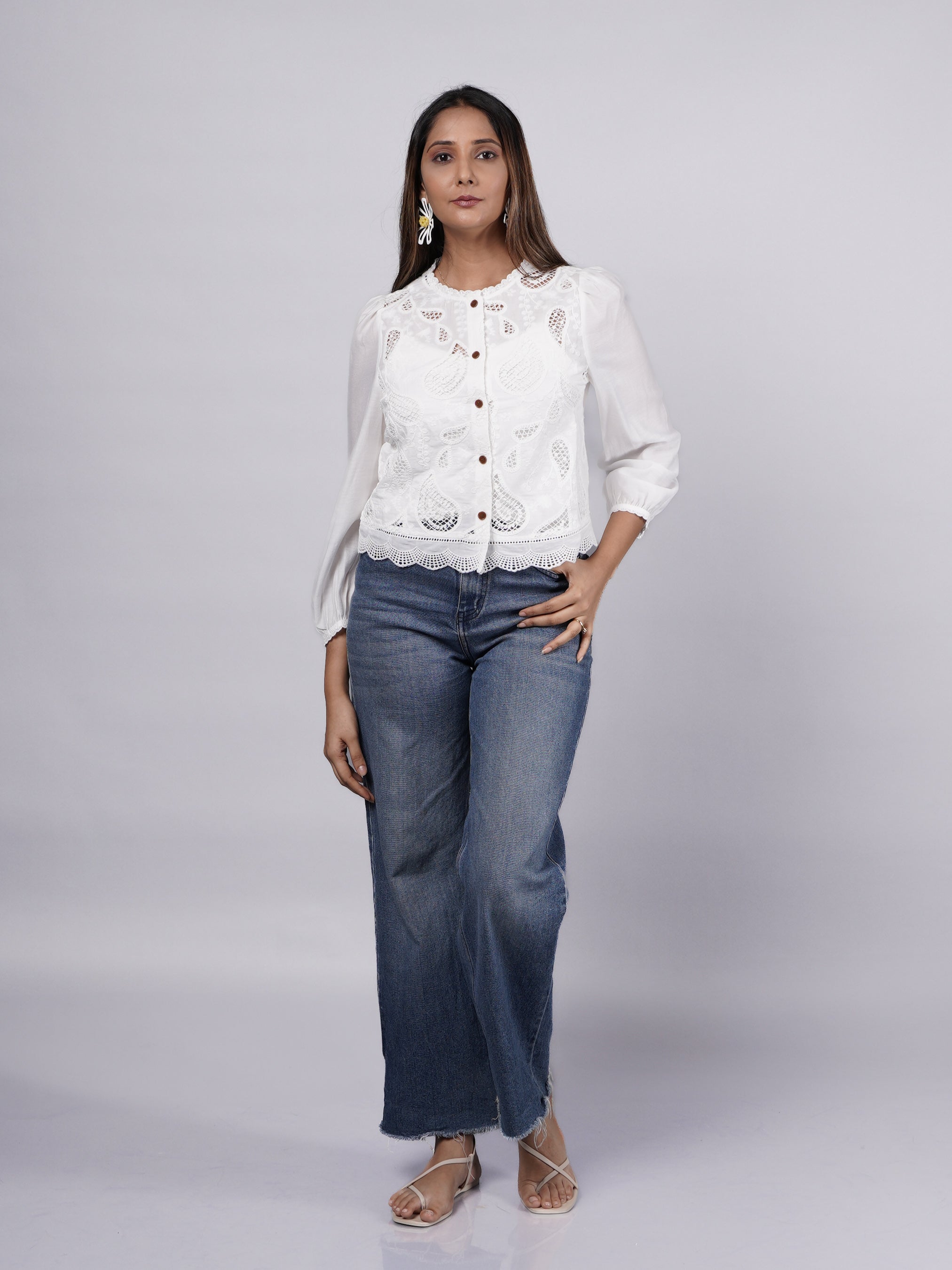 White Embroidered Lace Button-Down Top