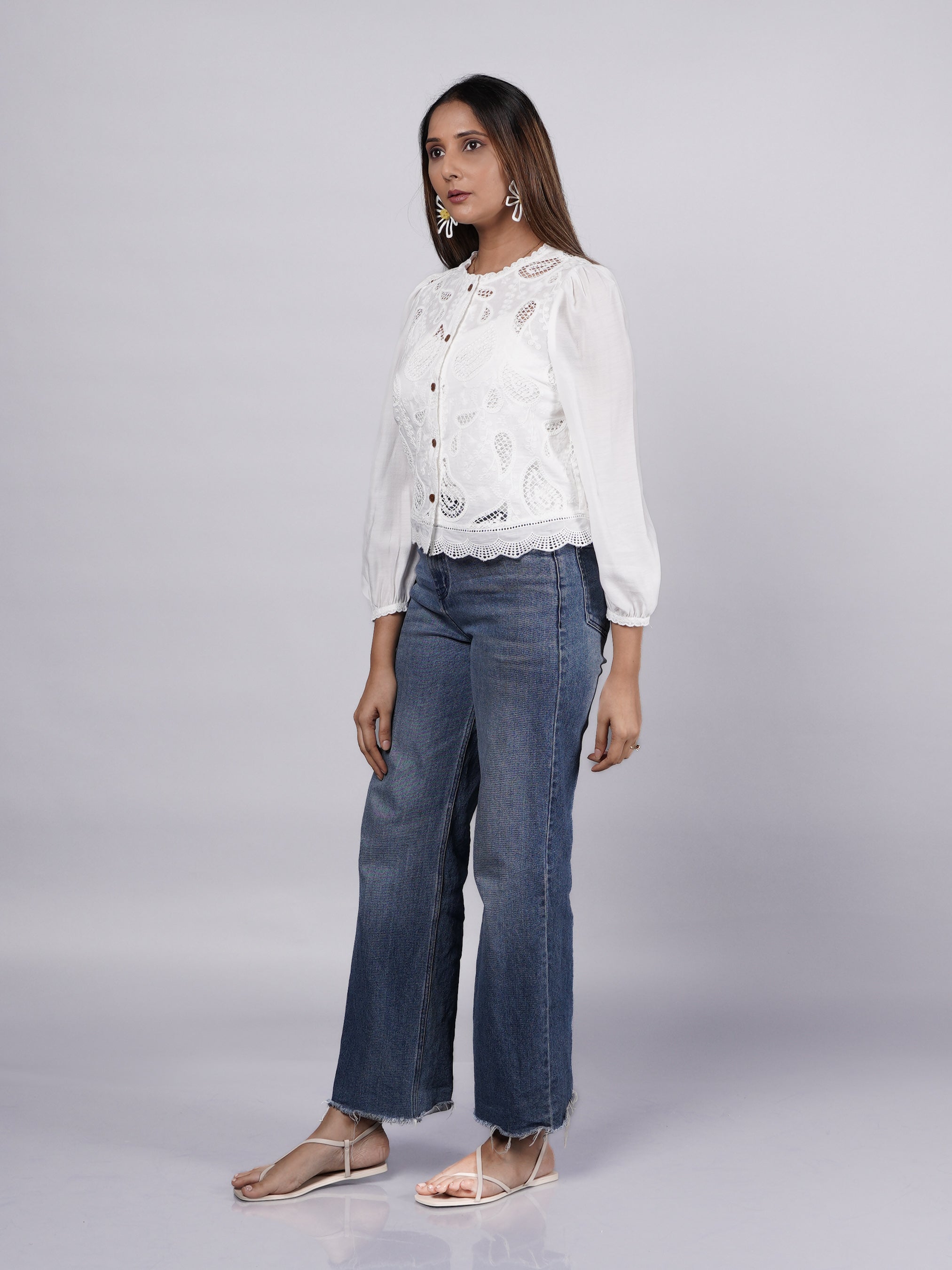 White Embroidered Lace Button-Down Top