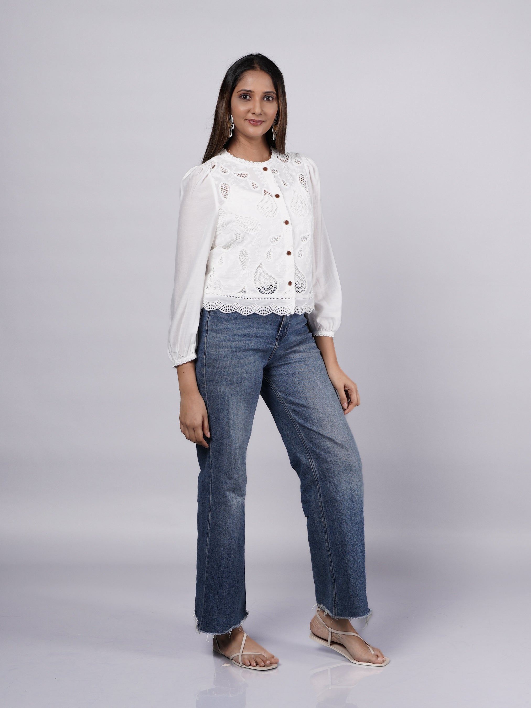 White Embroidered Lace Button-Down Top
