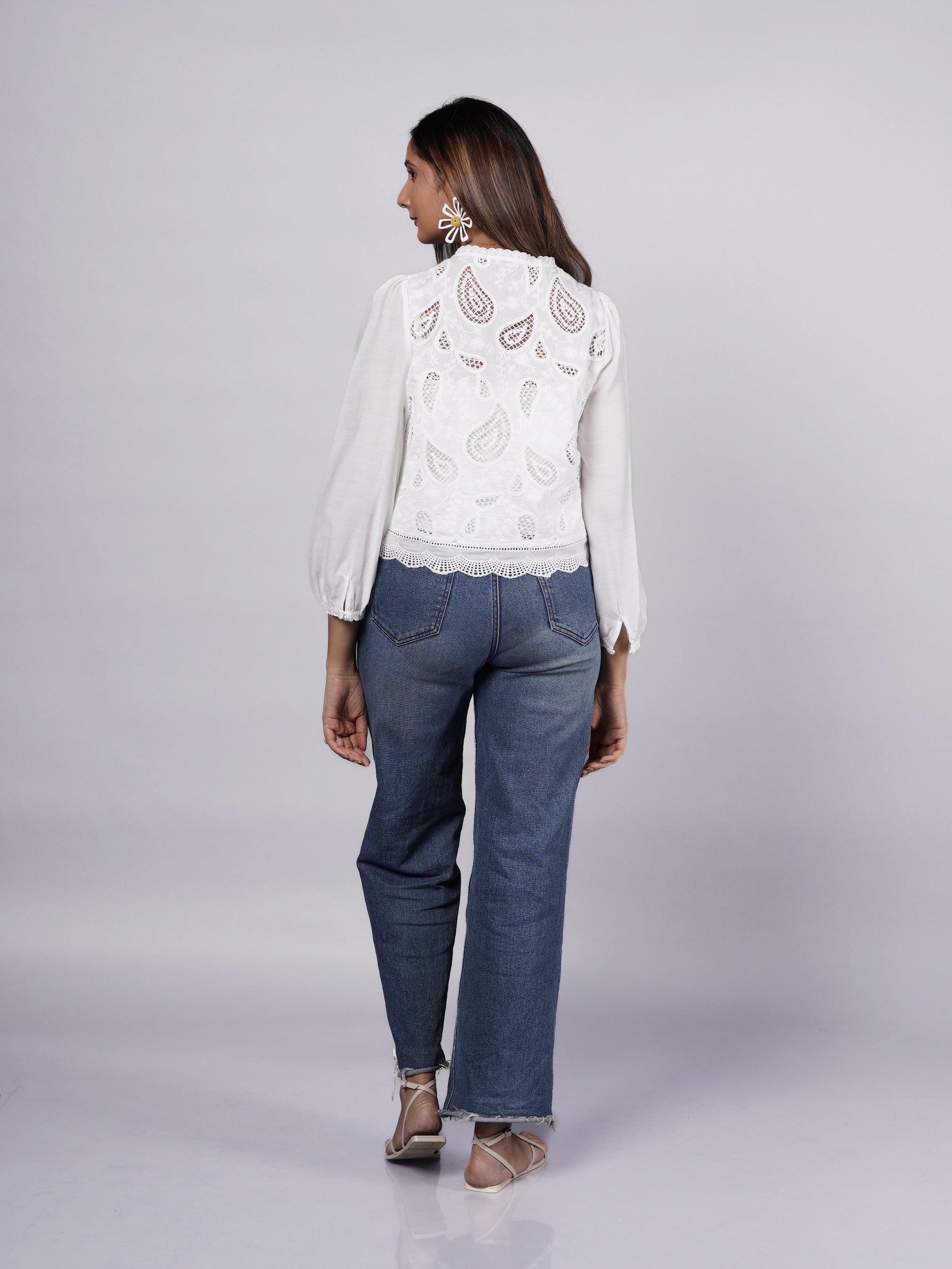 White Embroidered Lace Button-Down Top