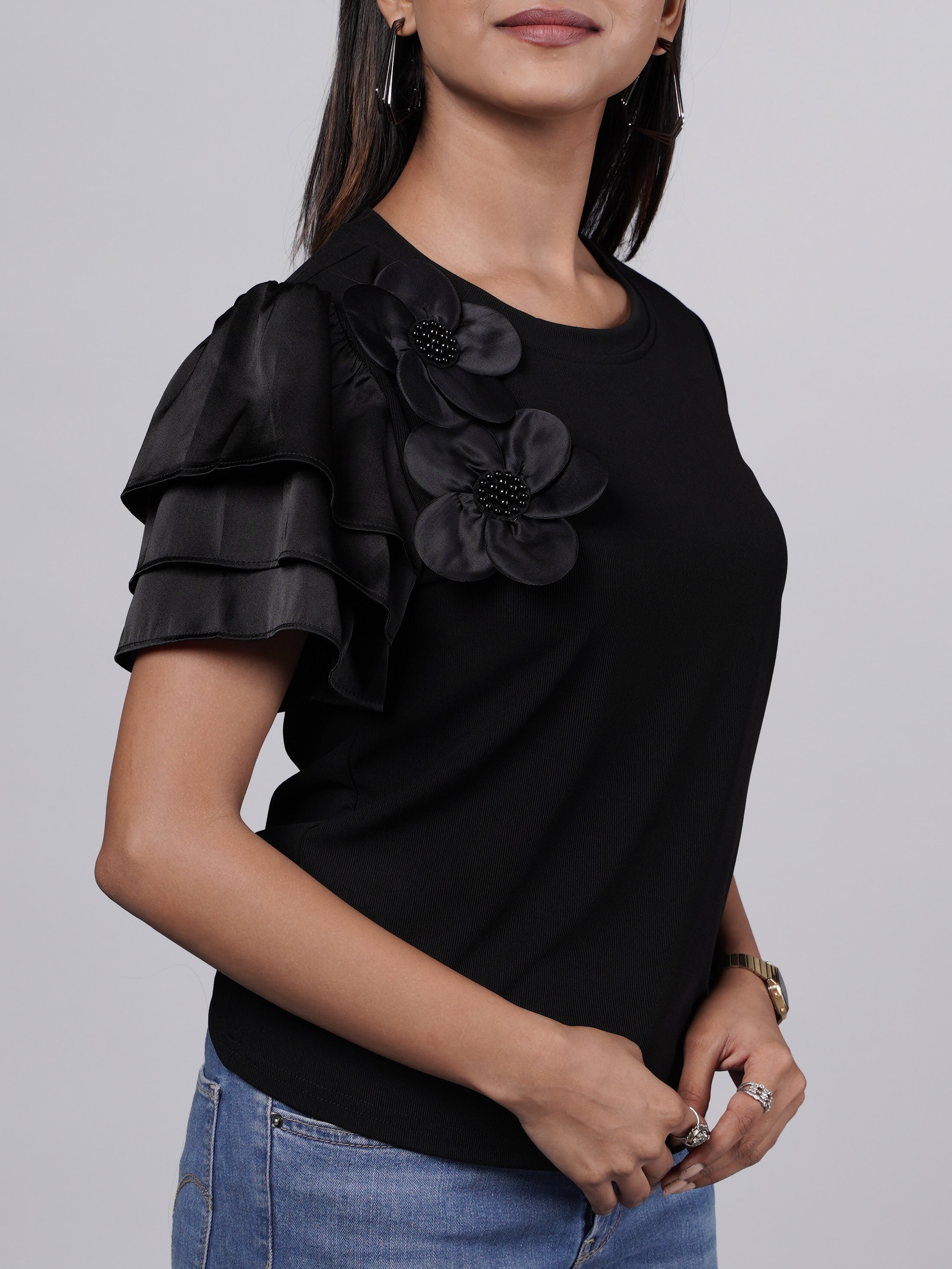 Black Ruffle Floral Top