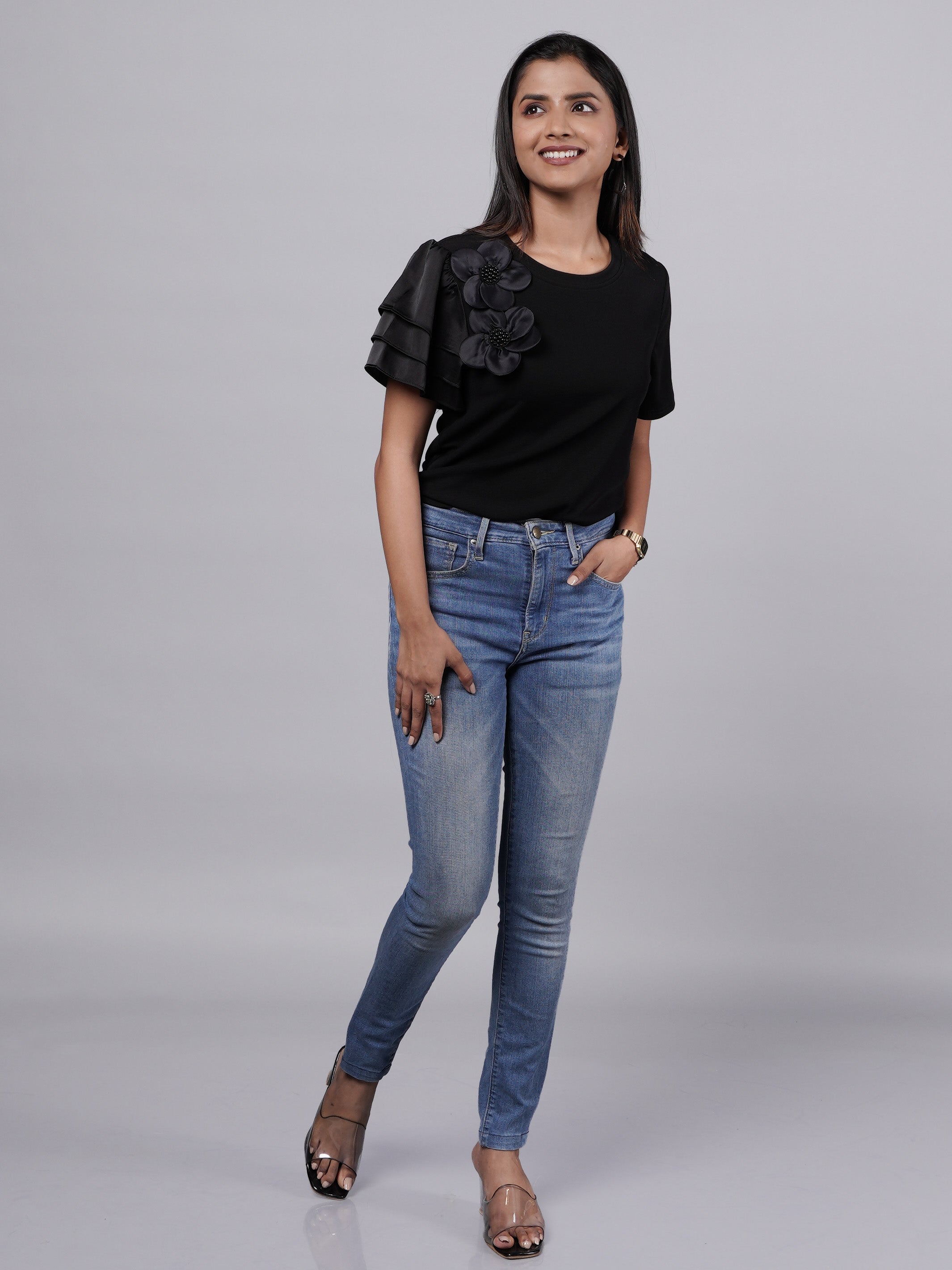 Black Ruffle Floral Top