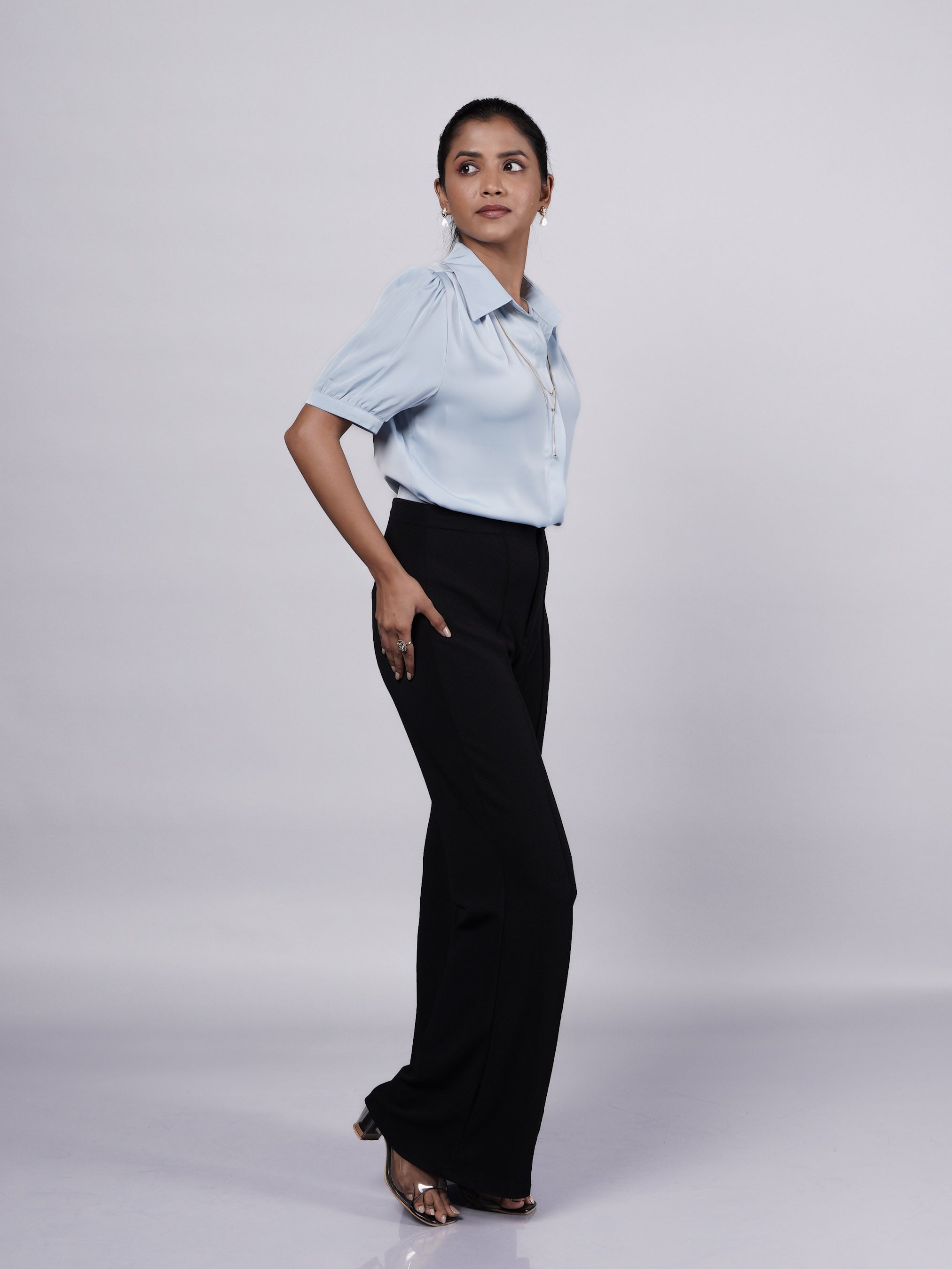 Blue Formal Satin Shirt With Puff Sleeve