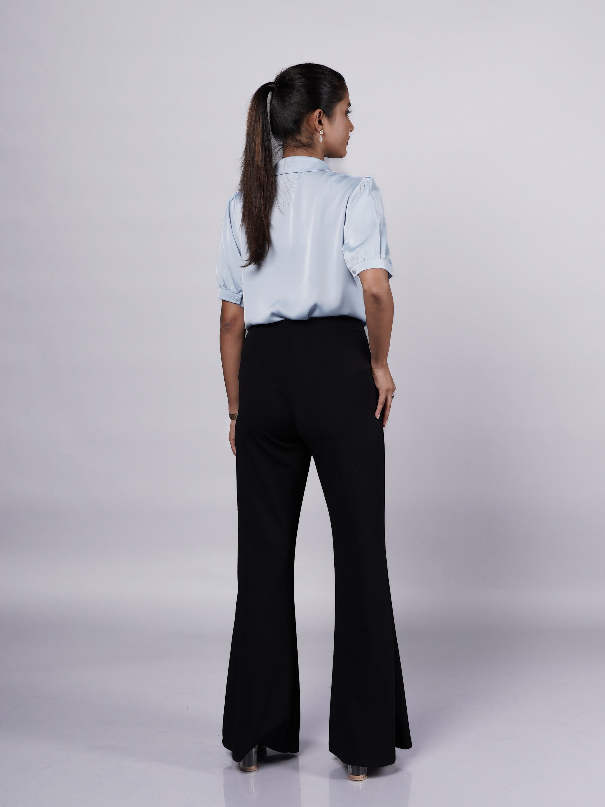 Blue Formal Satin Shirt With Puff Sleeve