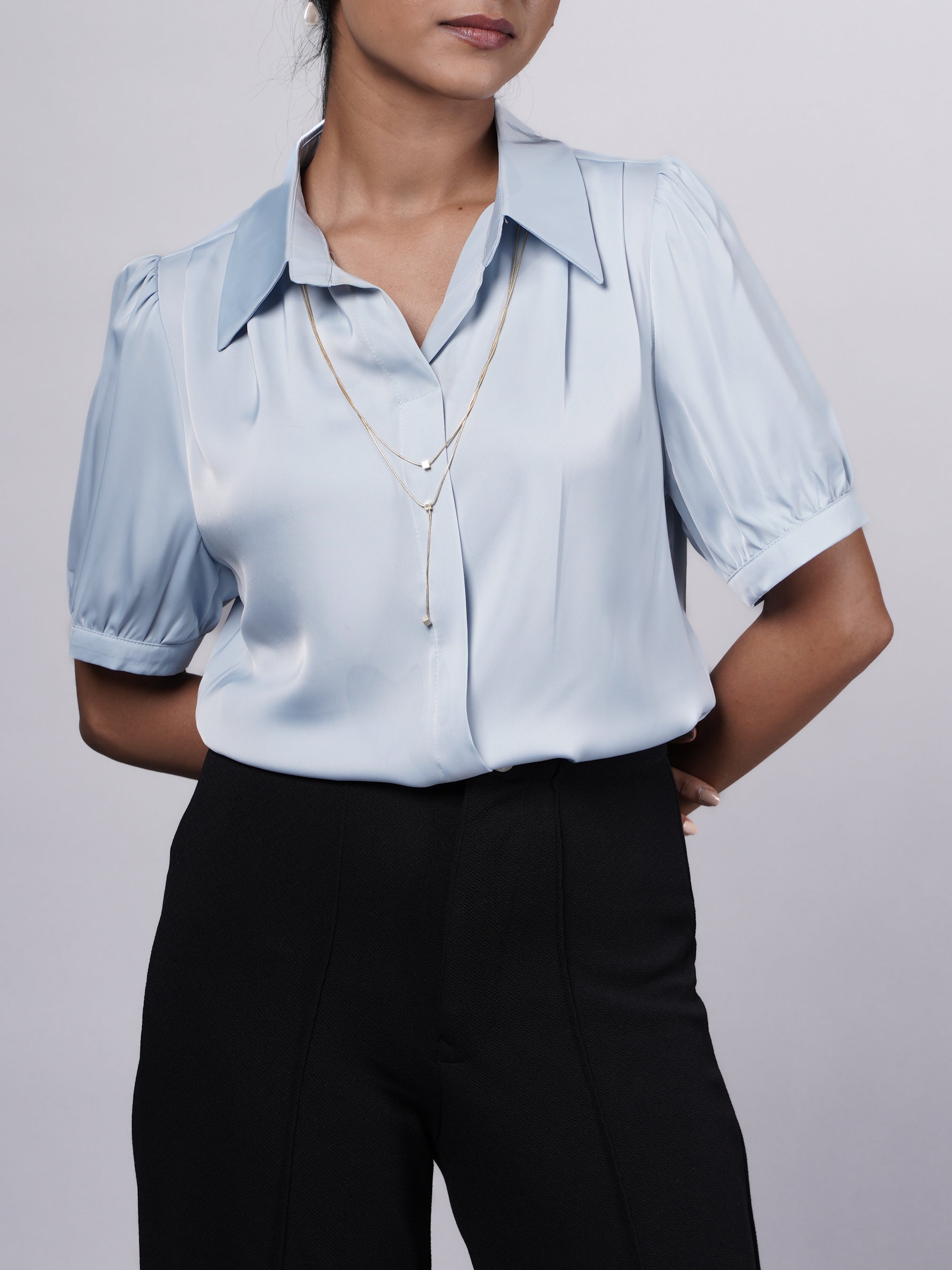 Blue Formal Satin Shirt With Puff Sleeve
