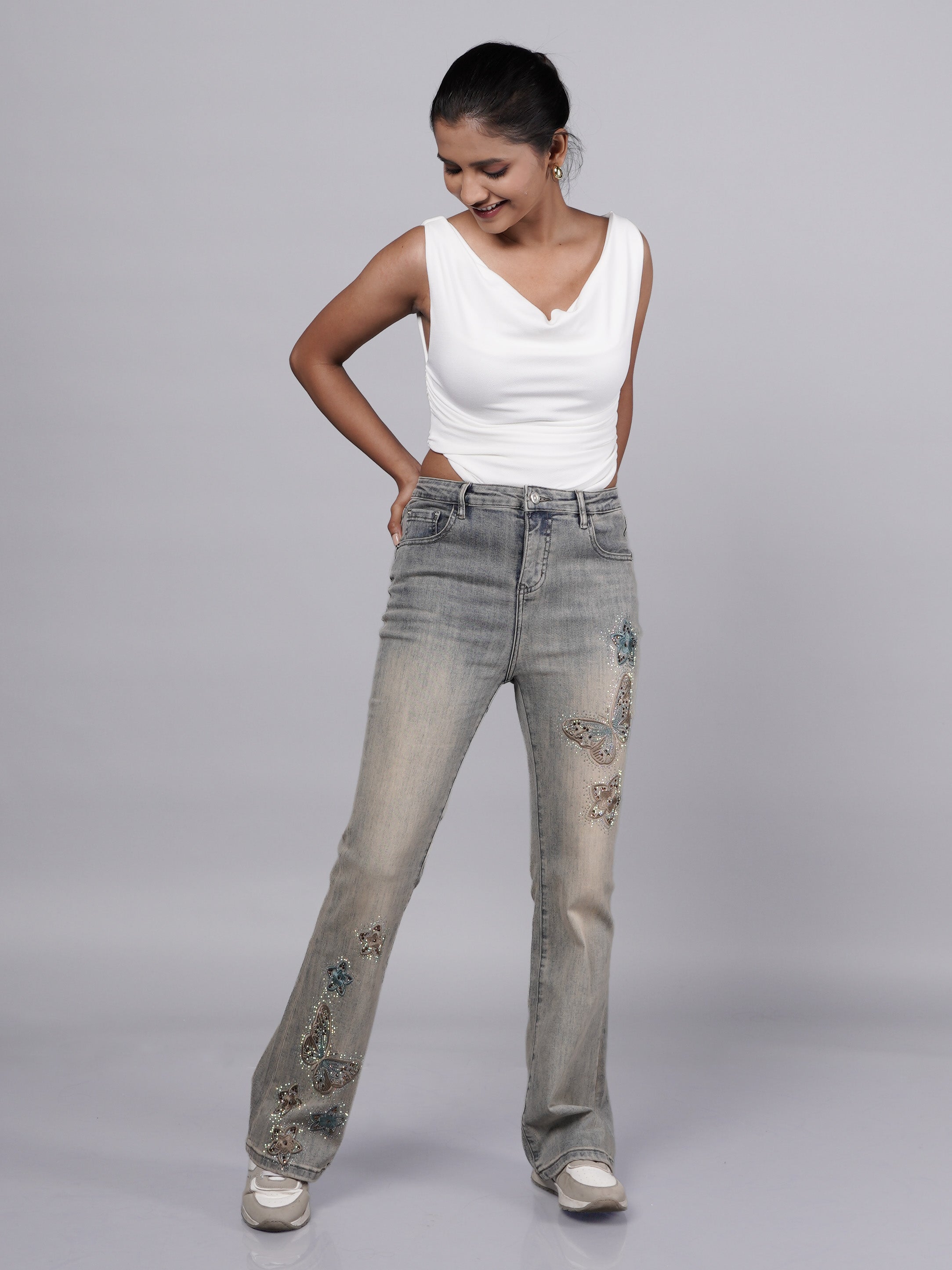 Grey Embroidered Bootcut Jeans with Butterfly & Floral Details