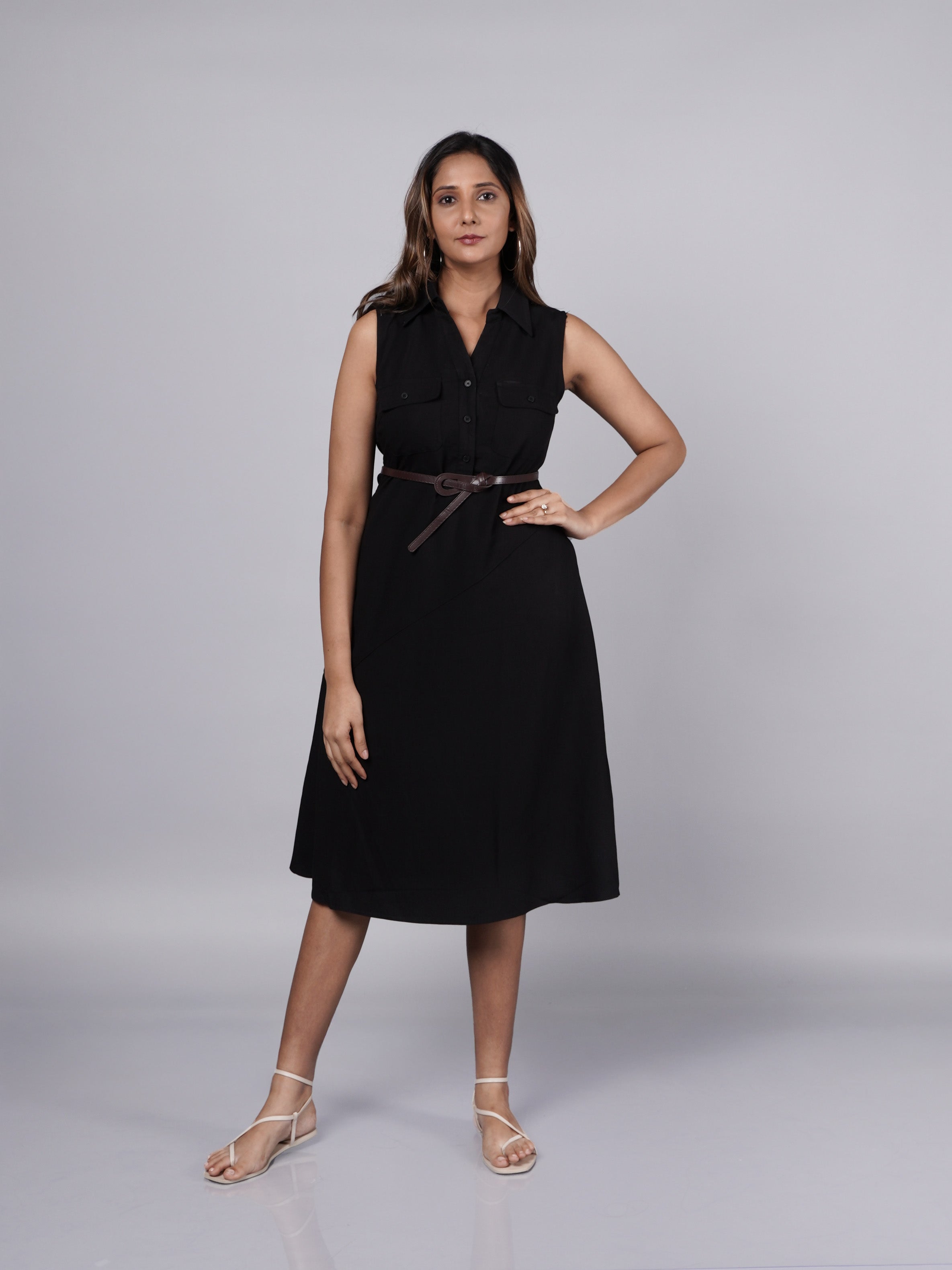 Sleeveless A-Line Black Shirt Dress