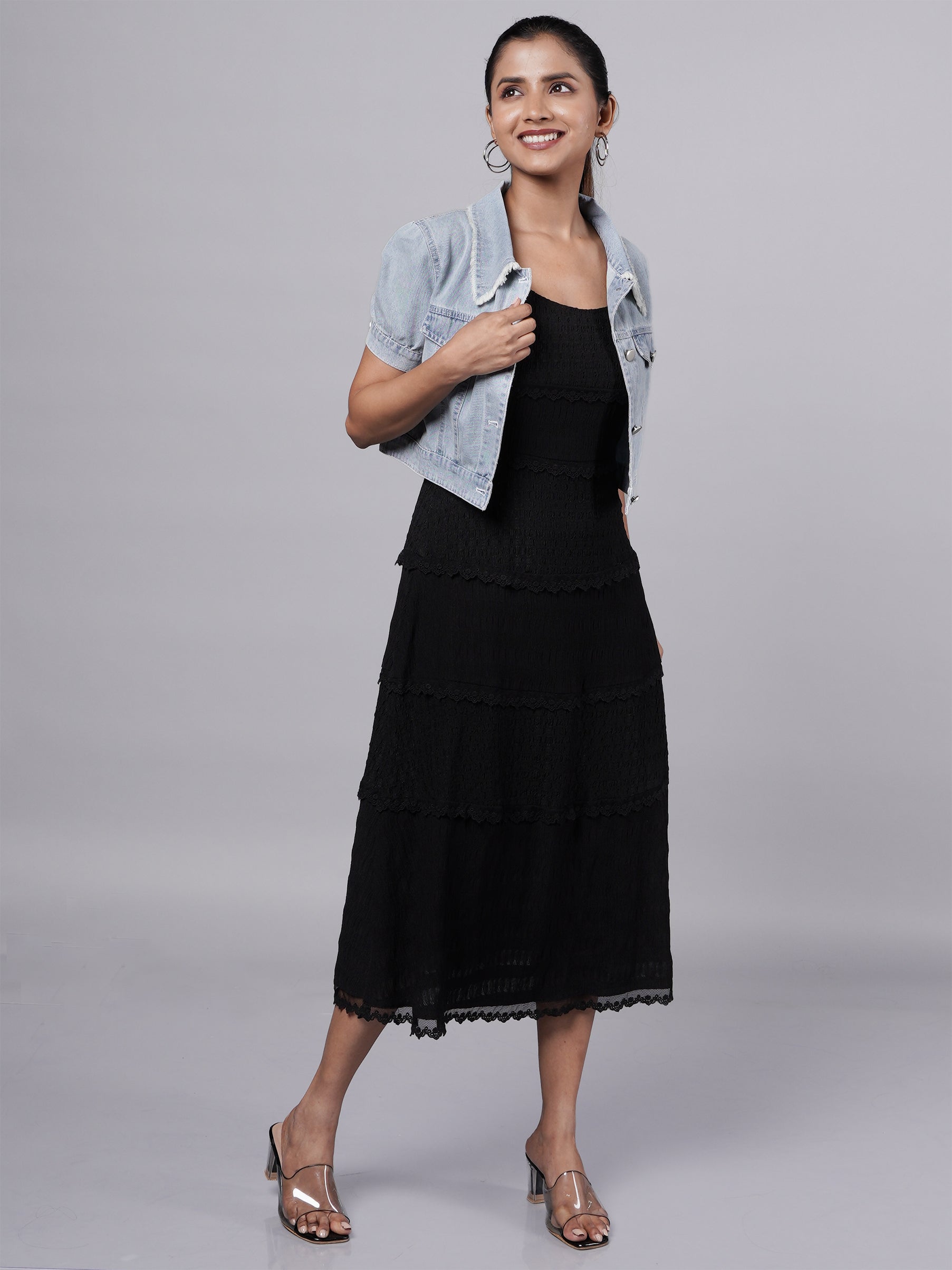 Black Slip Dress with Denim Jacket