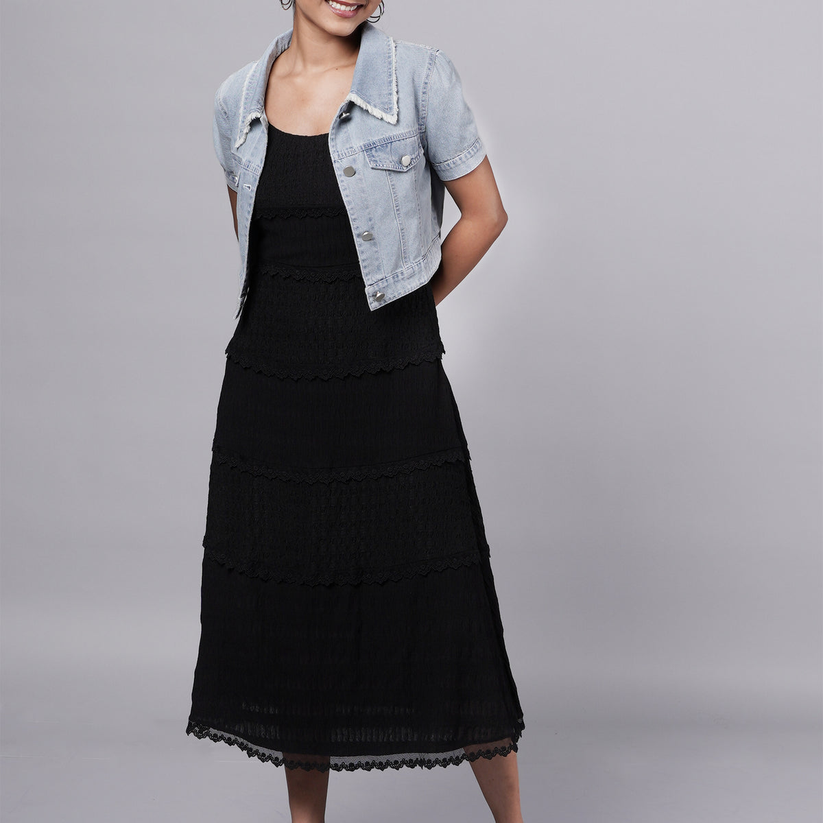 Black Dress with Denim Jacket Casual Chic | French Theory Black Dress with Denim Jacket Casual Chic | French Theory
