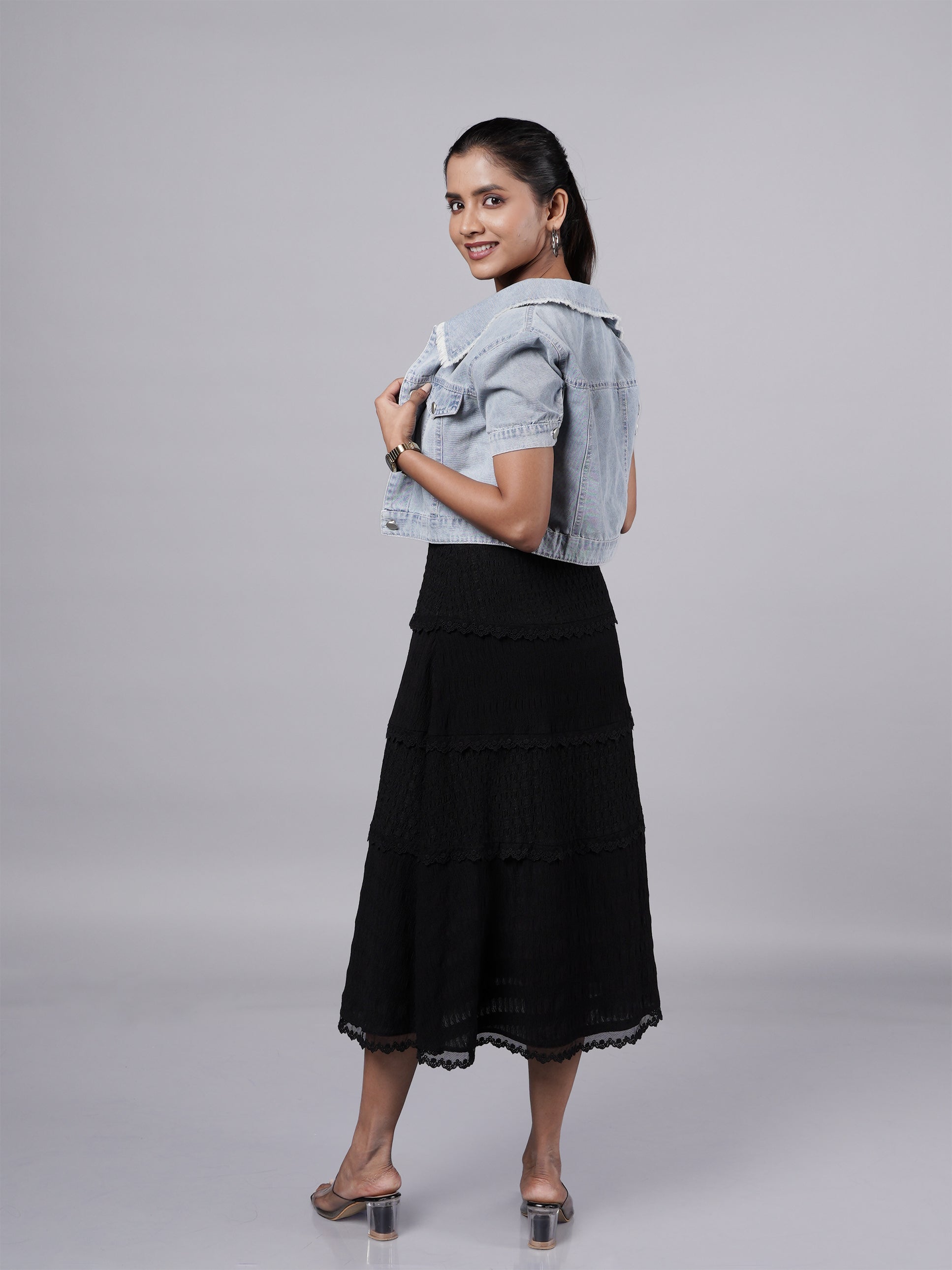 Black Slip Dress with Denim Jacket
