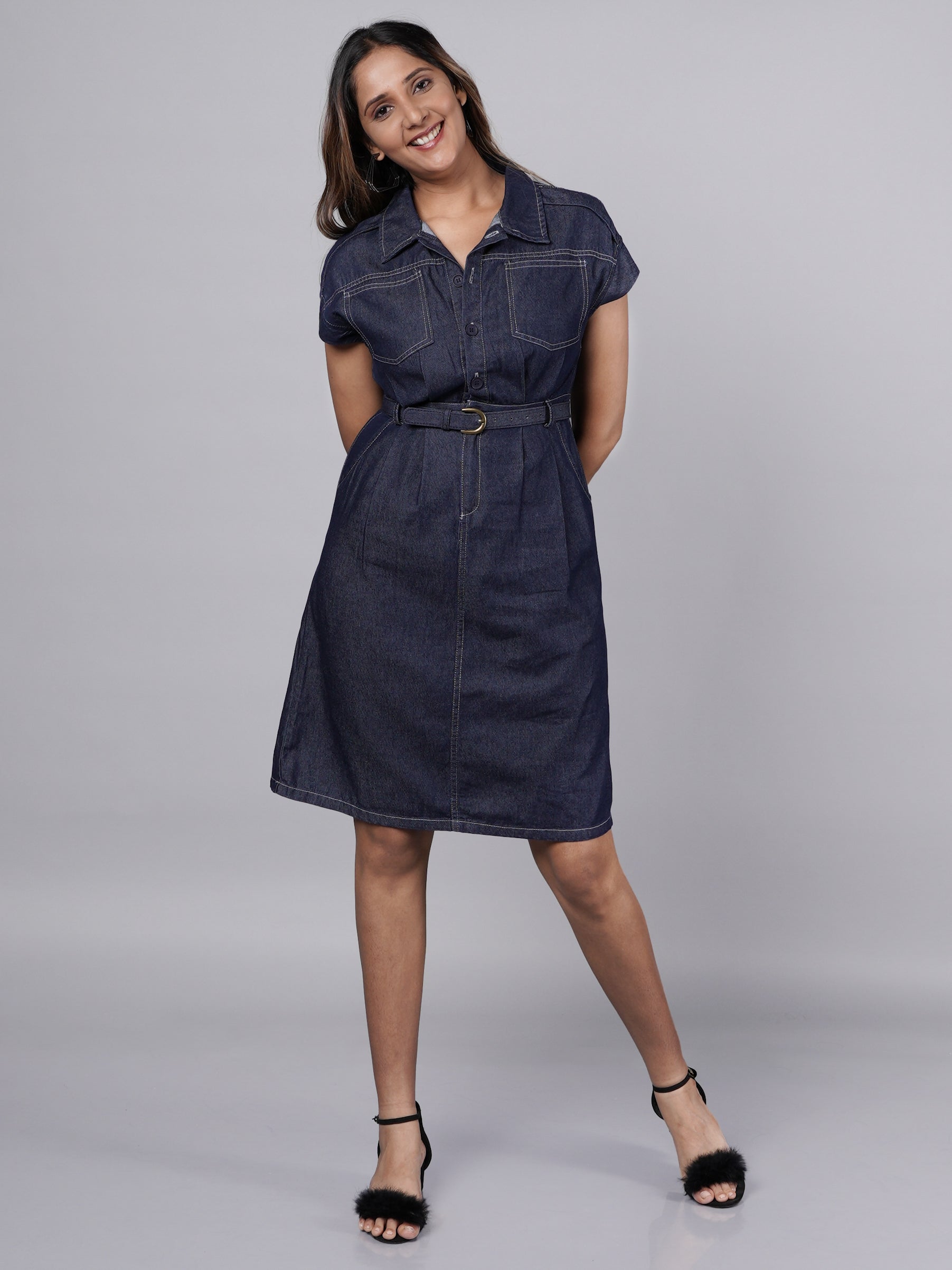 Gen Z Navy Blue A-Line Denim Dress