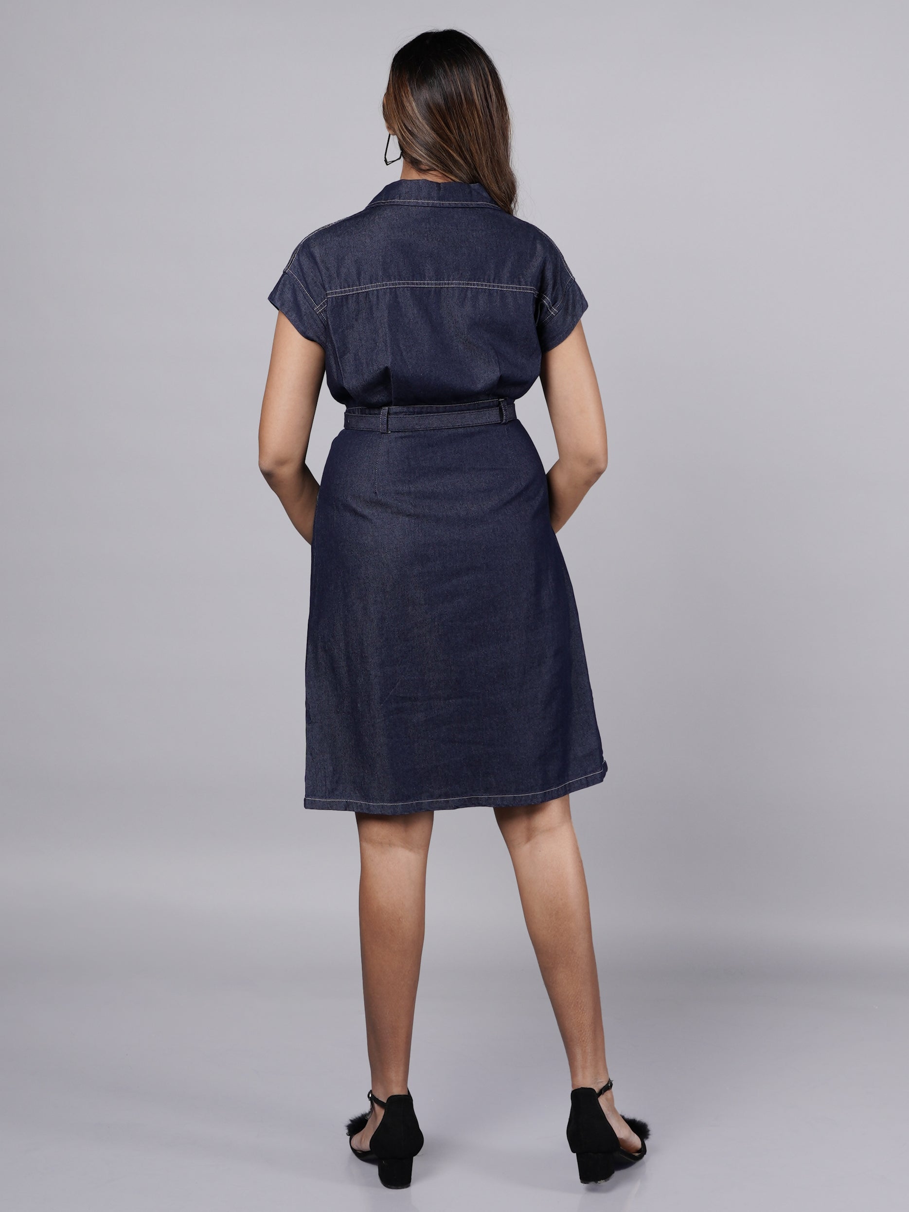 Gen Z Navy Blue A-Line Denim Dress