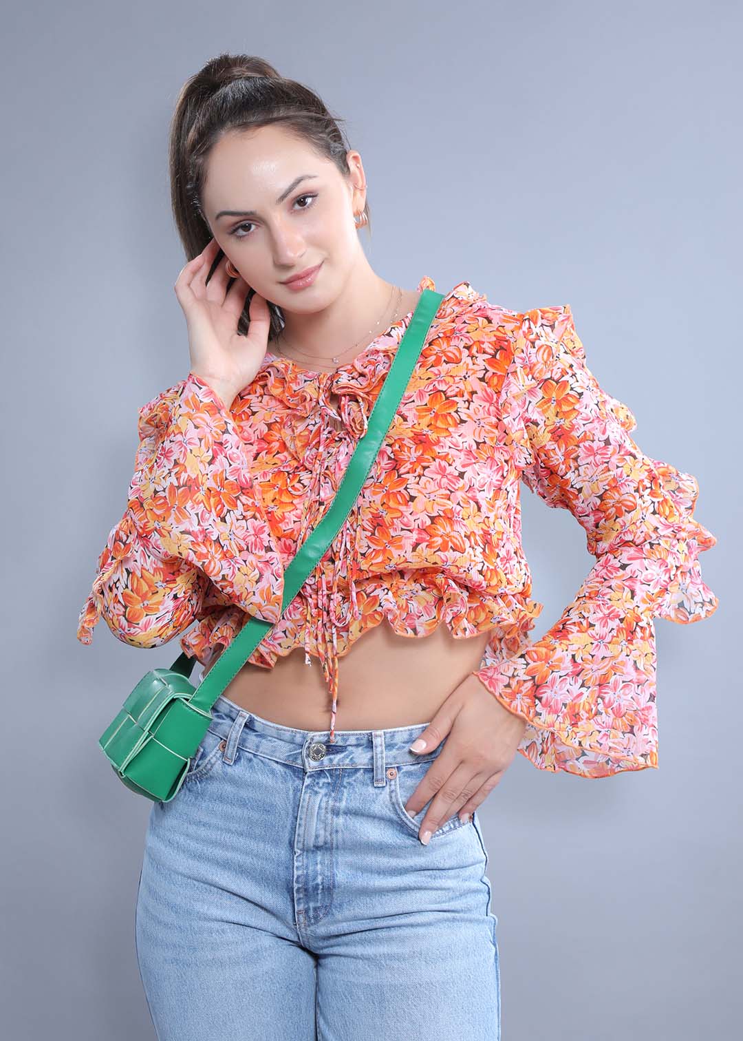 Orange Crop Top with Long Sleeves