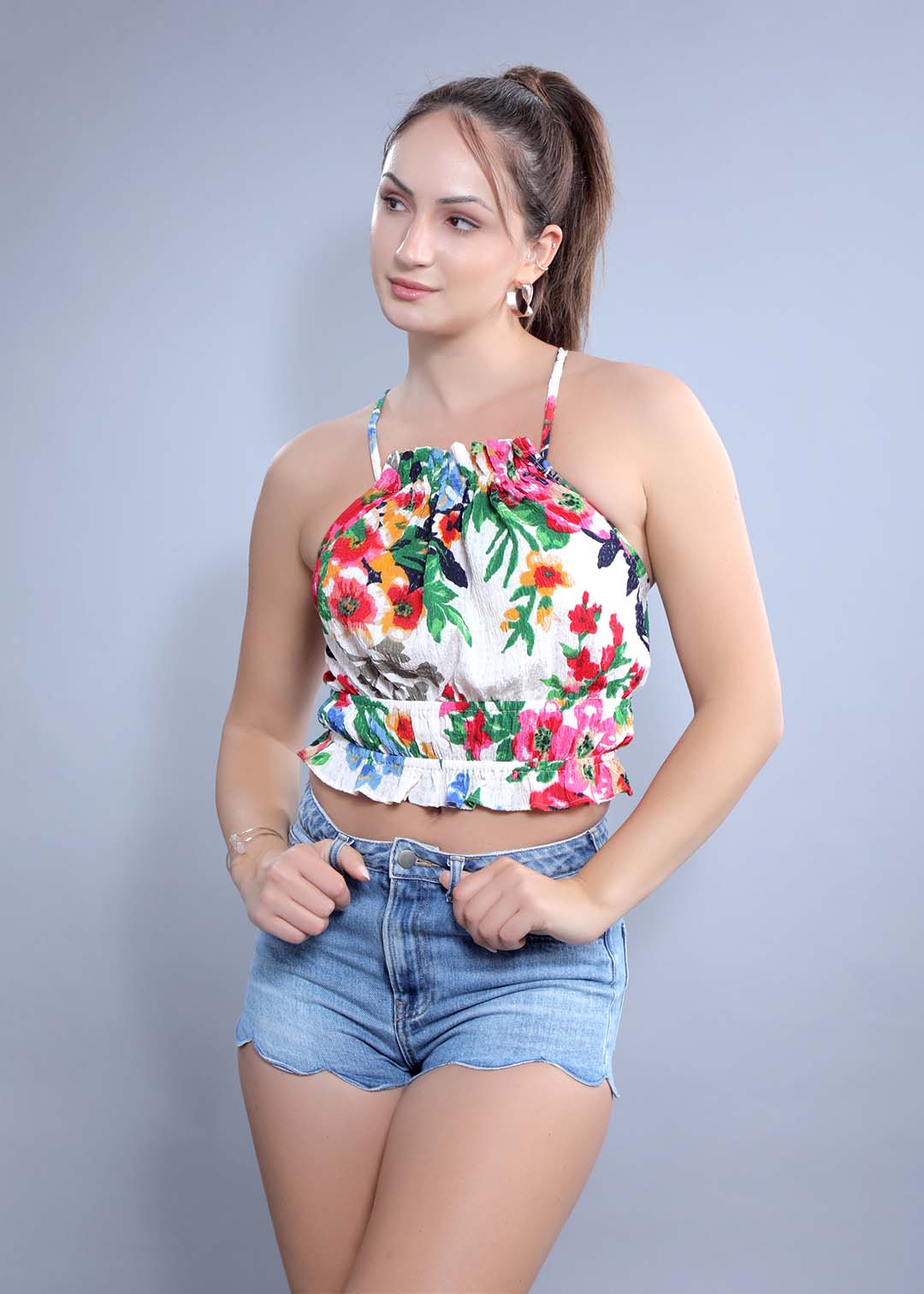 Ecru Regular Fit Halter Neck Crop Top