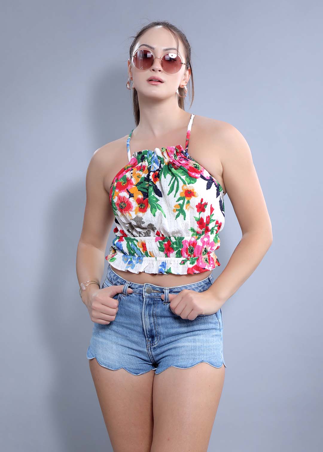 Ecru Regular Fit Halter Neck Crop Top