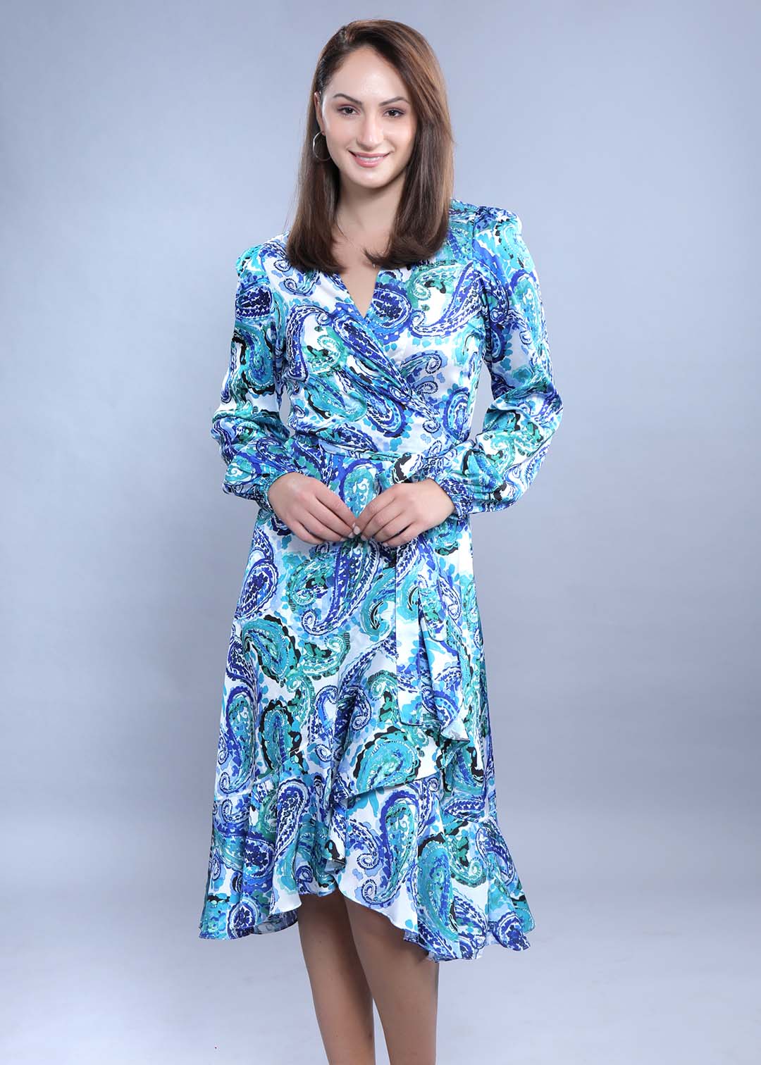 Satin Printed A-Line Wrap Around Dress FRENCH THEORY