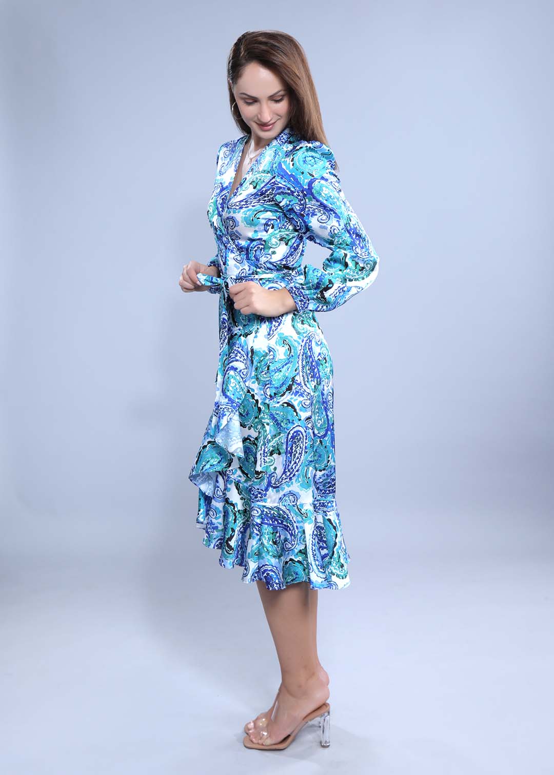 Satin Printed A-Line Wrap Around Dress FRENCH THEORY