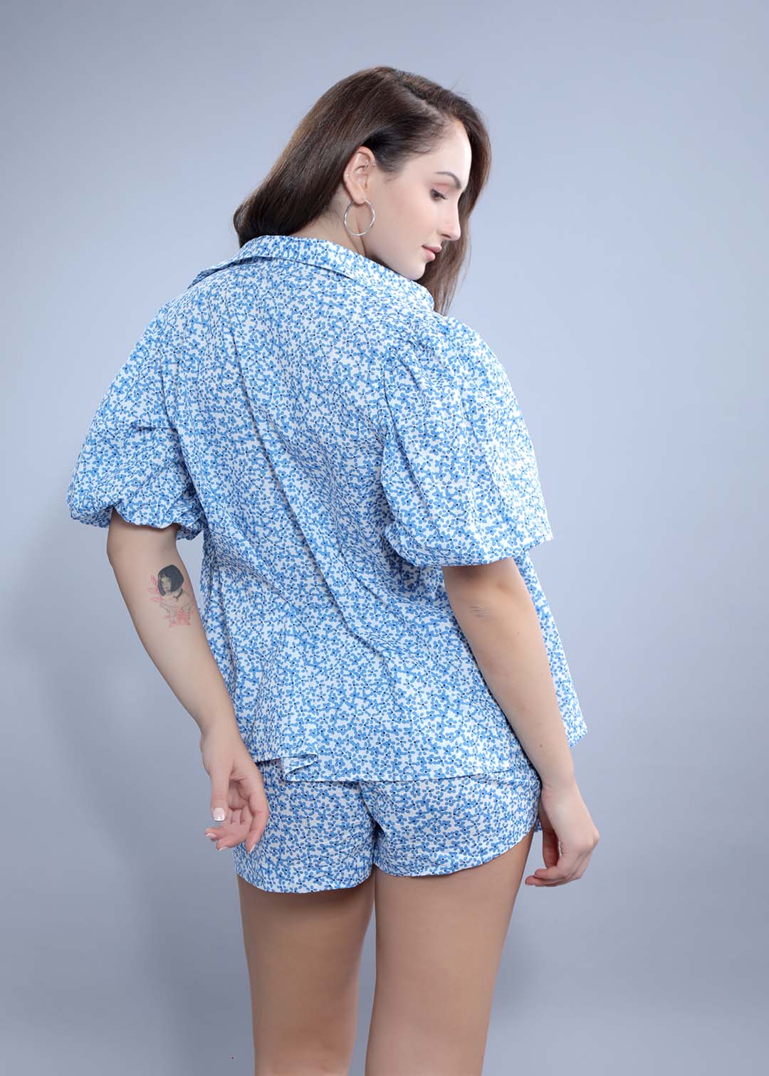 Printed Oversized Shirt with Puff Sleeve - Blue FRENCH THEORY