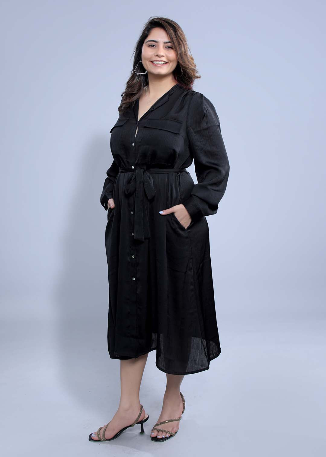 Crushed Satin Black Shirt Dress