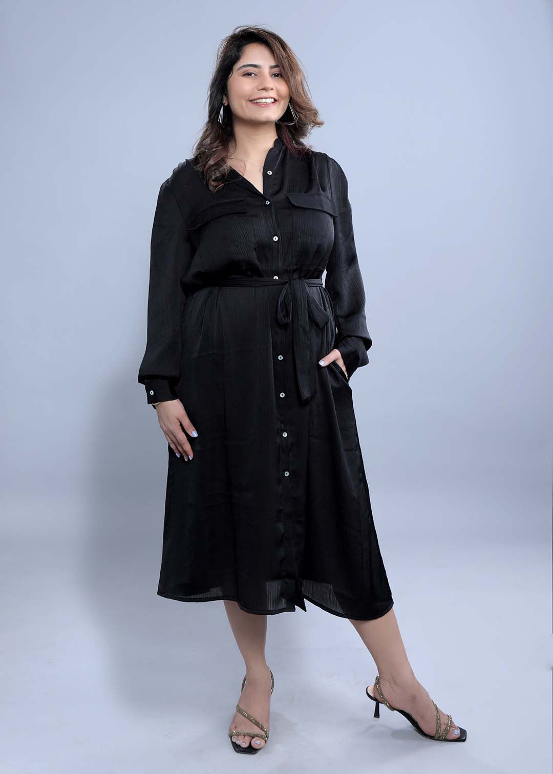 Crushed Satin Black Shirt Dress FRENCH THEORY