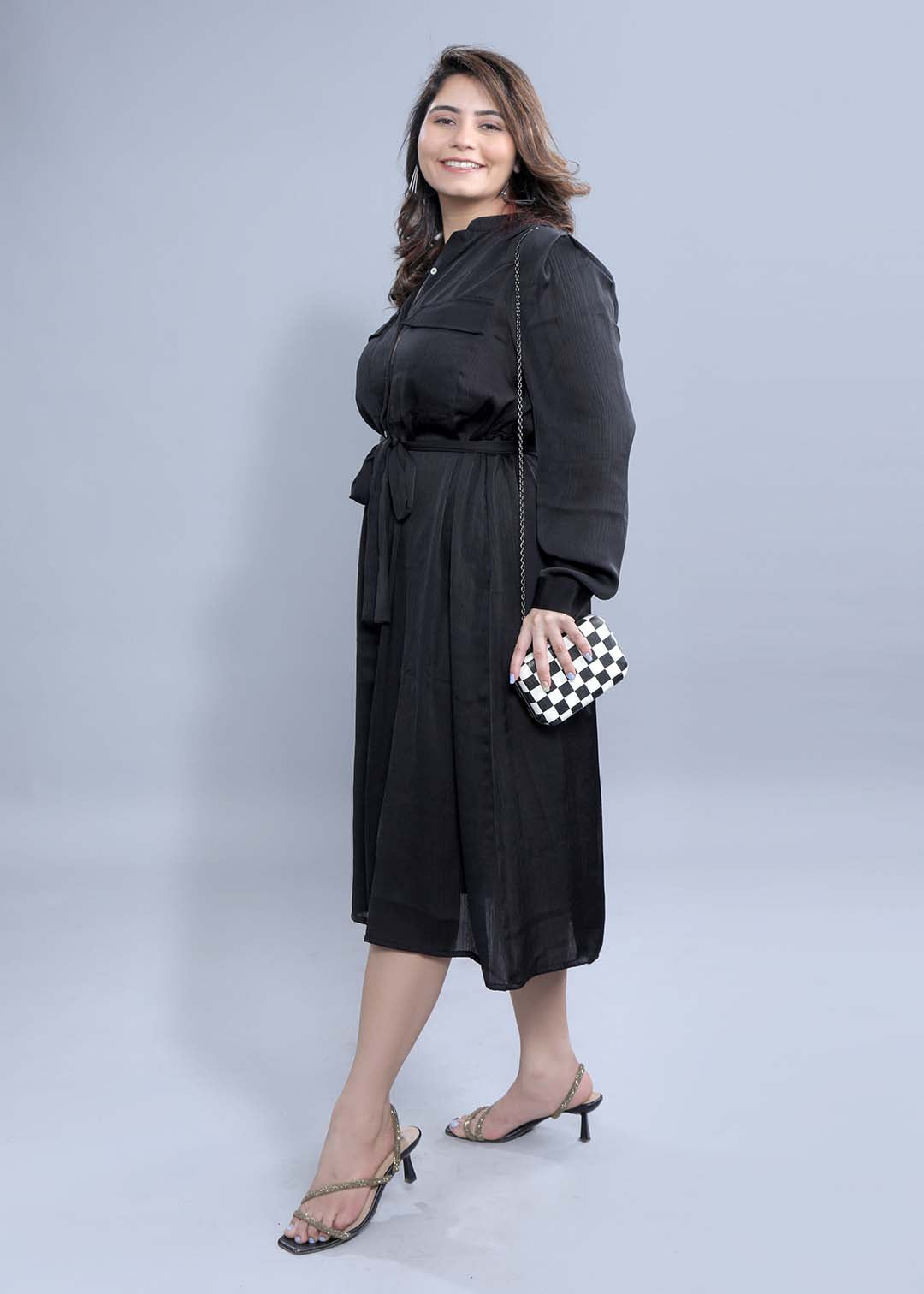 Crushed Satin Black Shirt Dress FRENCH THEORY