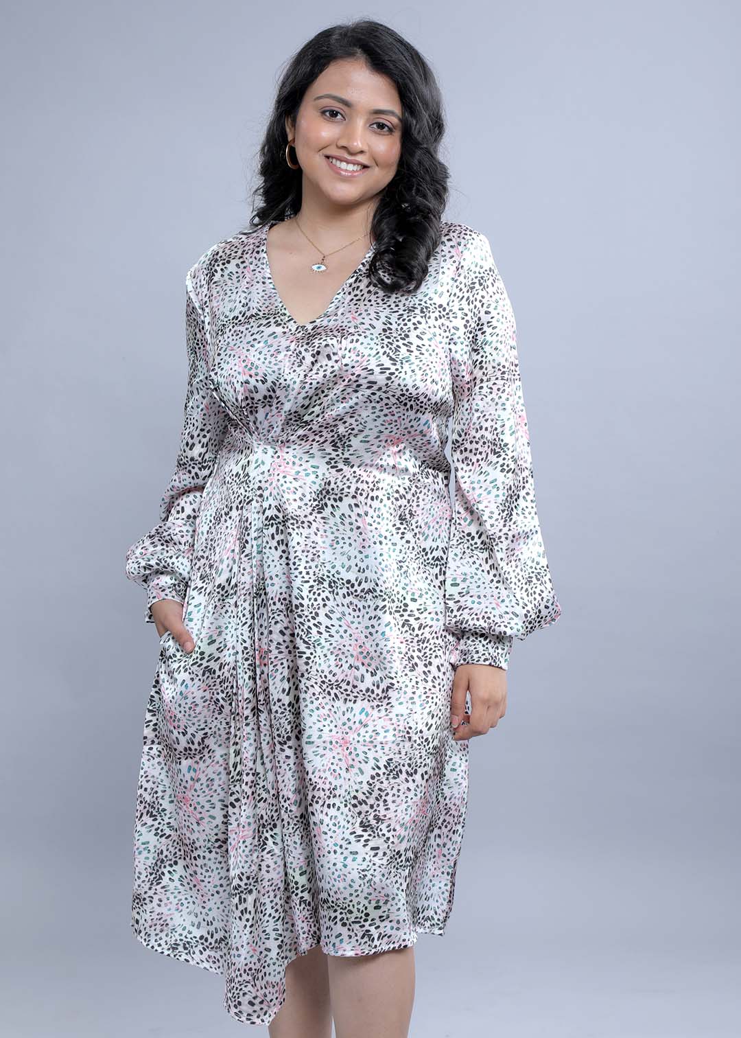 Pearl White Printed Long Puff Sleeve Dress