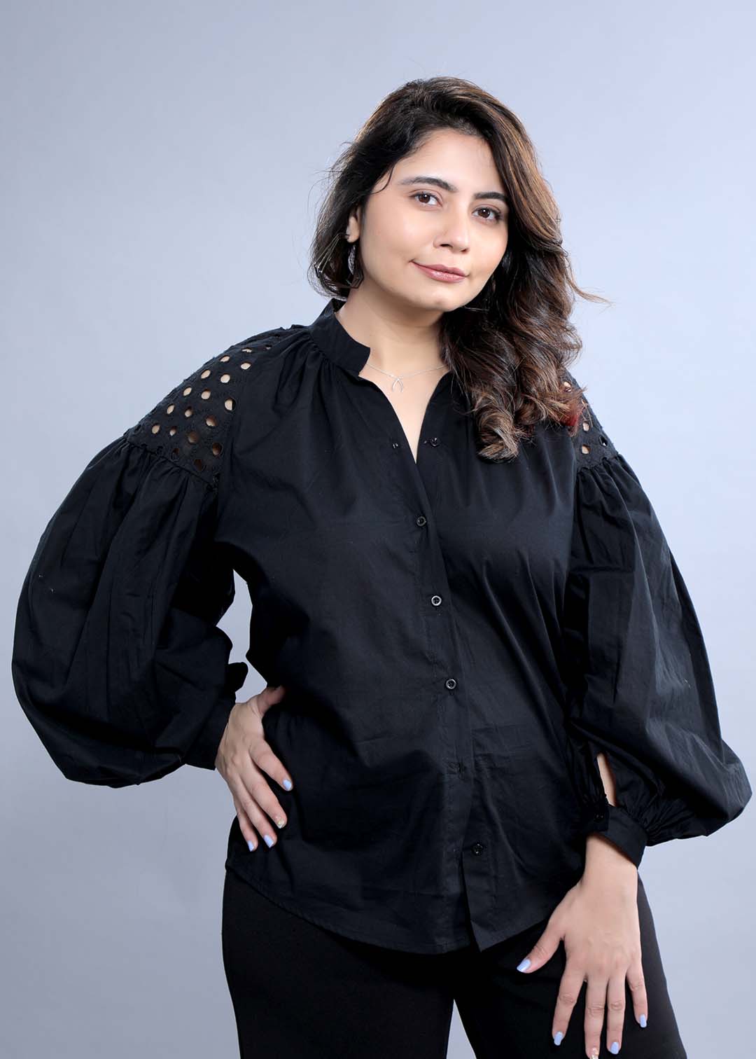 Oversized Long Sleeve Shirt with Shoulder Schiffli Detail FRENCH THEORY