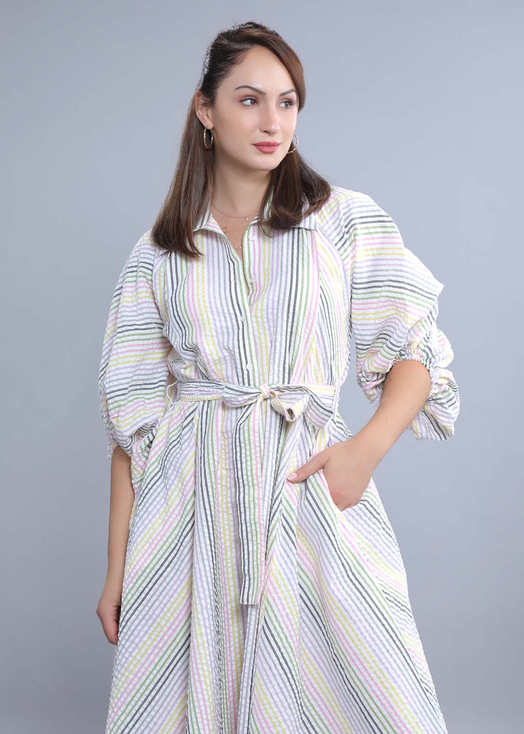 White Seer Sucker Stripe A-Line Dress FRENCH THEORY