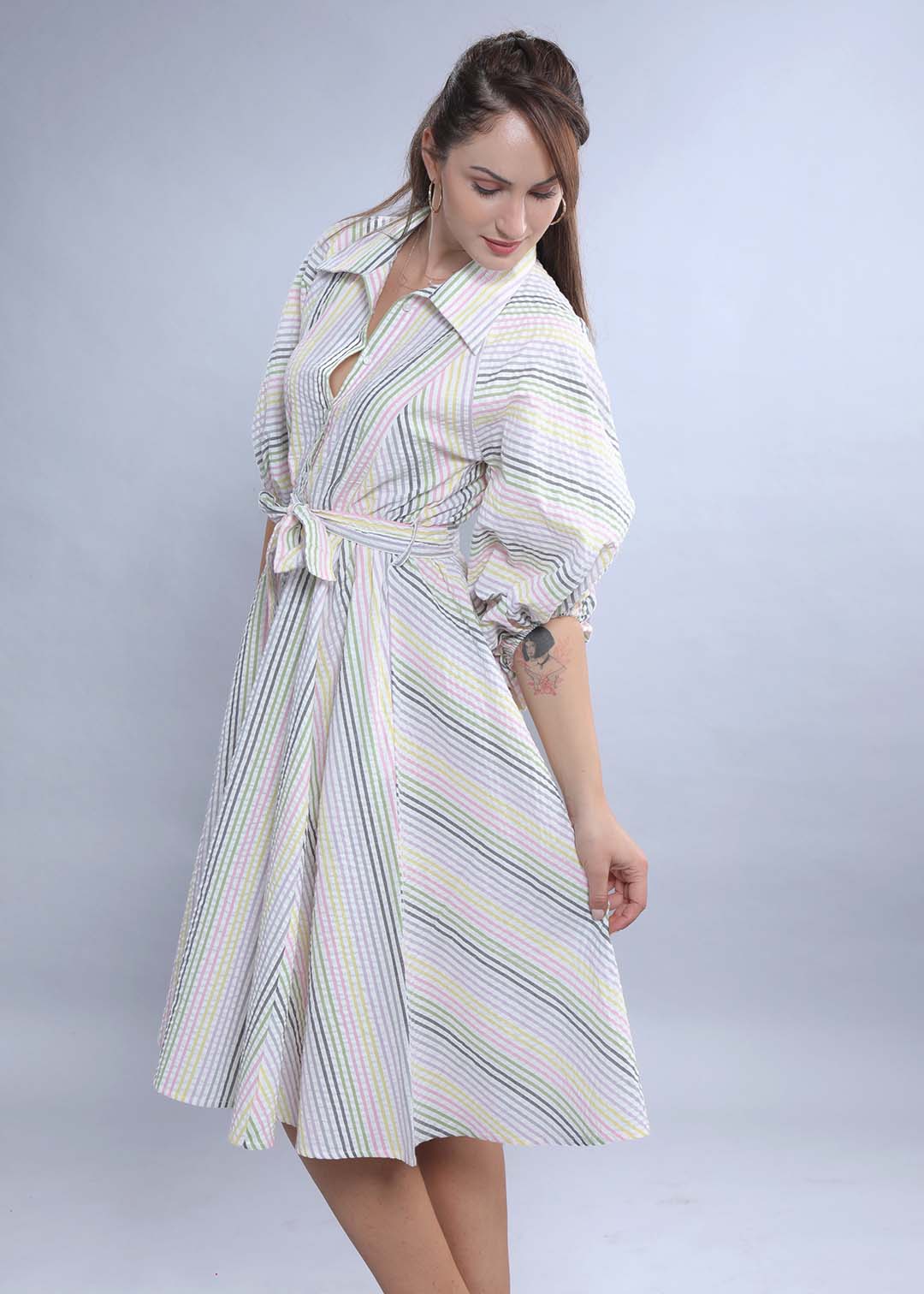 White Seer Sucker Stripe A-Line Dress