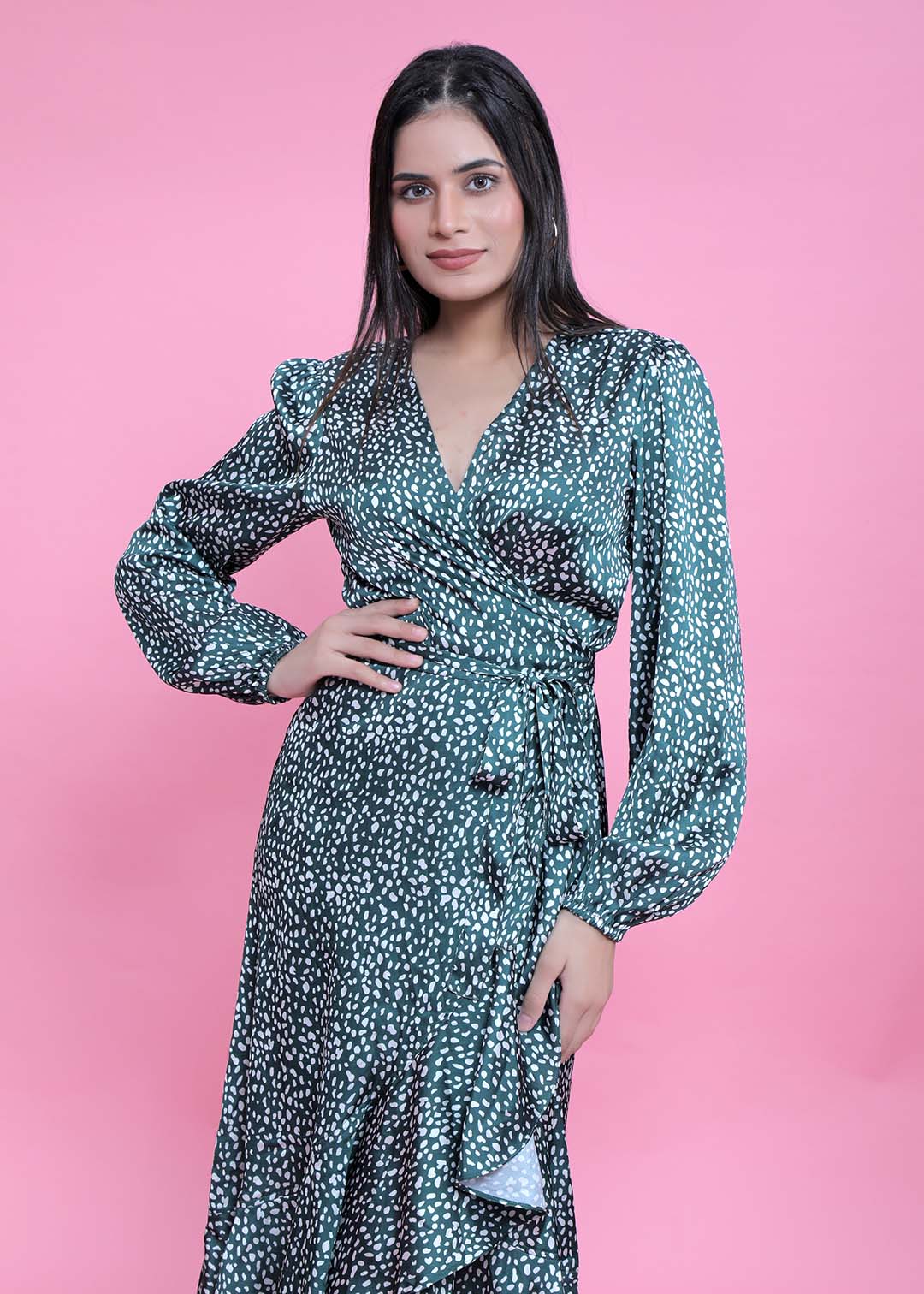 Satin Printed A-Line Wrap Around Dress FRENCH THEORY