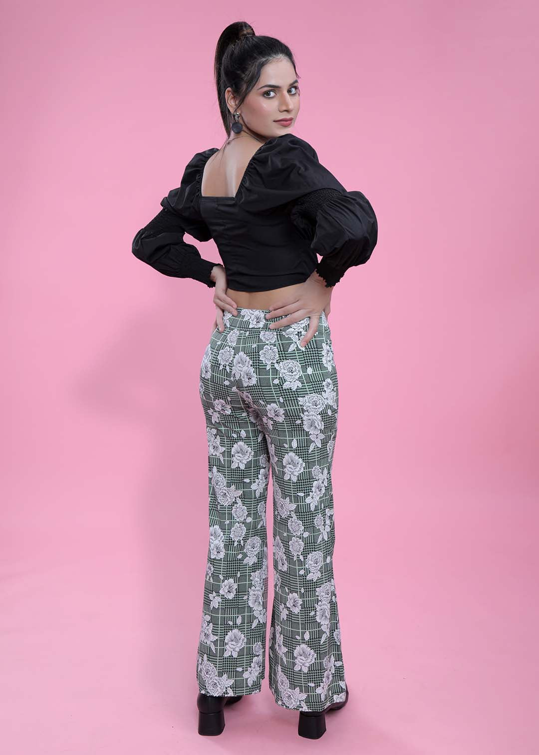 Olive Green Printed Bootcut Pant FRENCH THEORY
