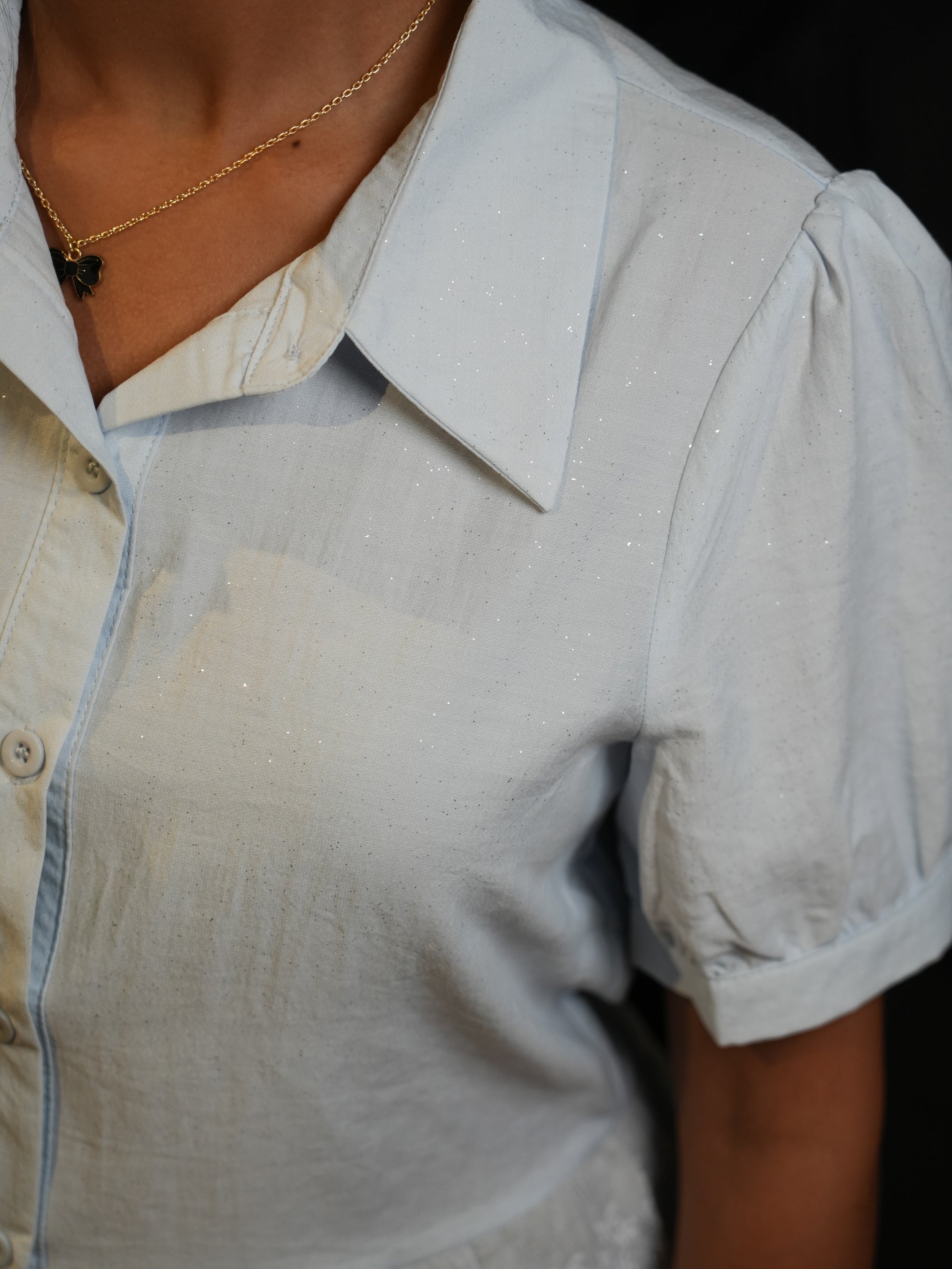 Puff Sleeve Blue Shirt  with Lace Trim Detail