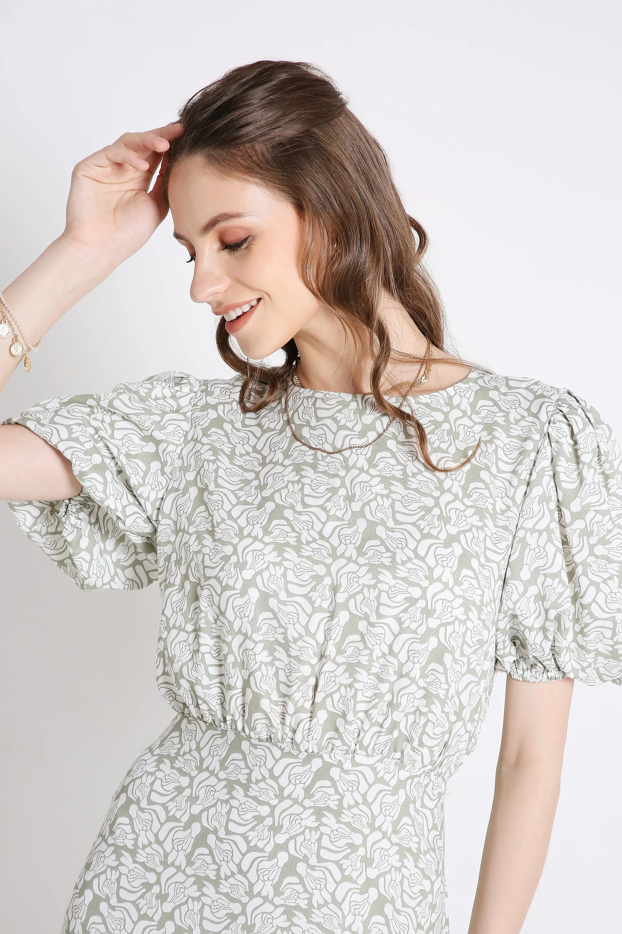 Printed Short Dress with Balloon Short Sleeve FRENCH THEORY