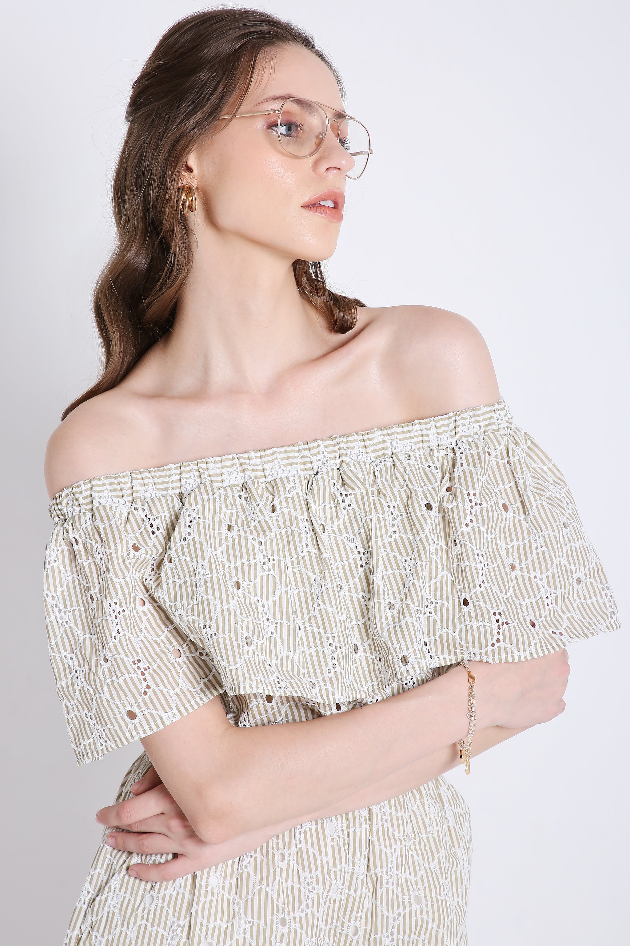 Off-Shoulder Playsuit with Stripes & Schiffli Embroidery Detail