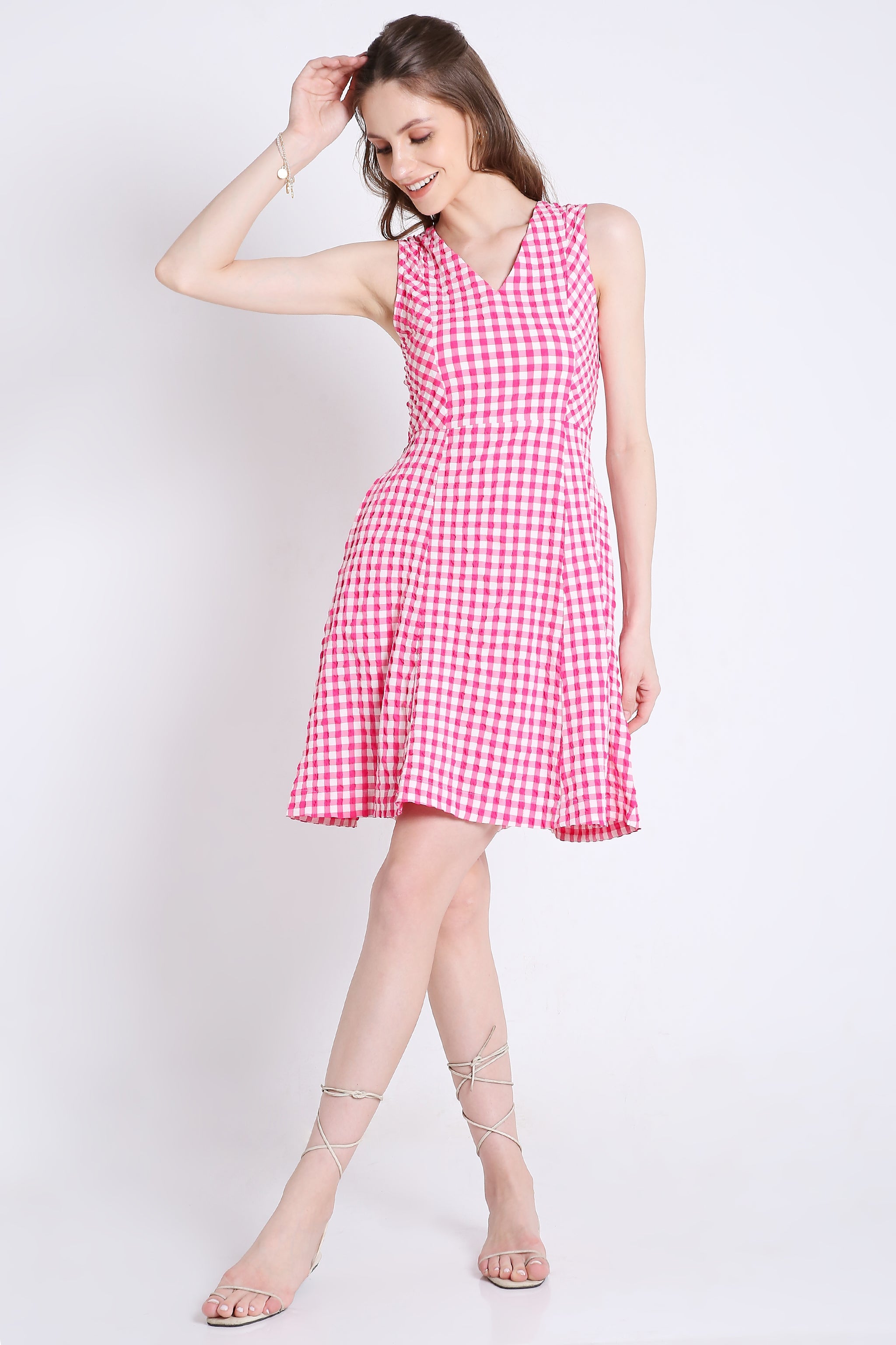 Checks Short Fit & Flared Sleeveless Dress FRENCH THEORY