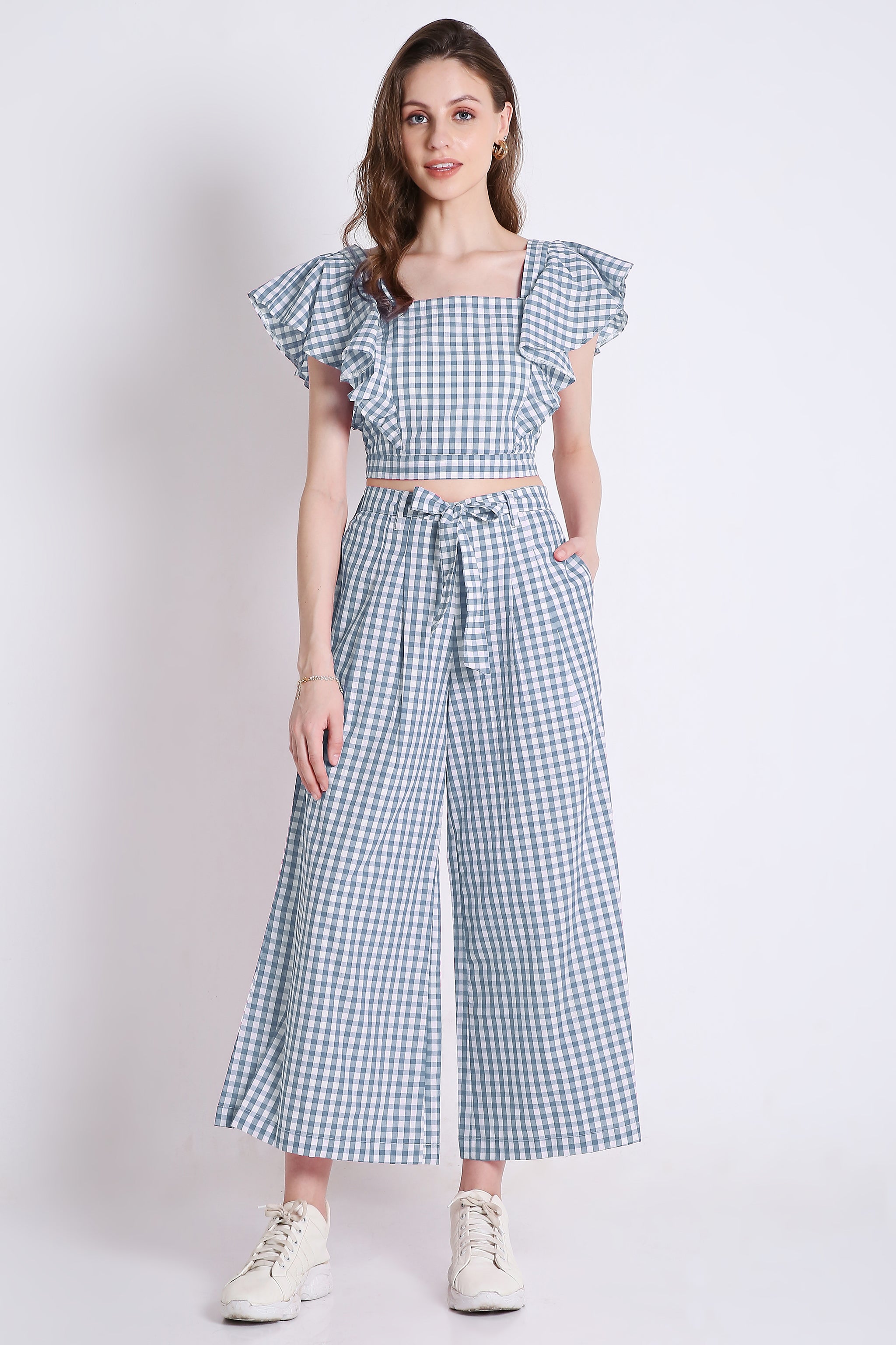 Frilled Sleeves With Checks Sky Blue Crop Top