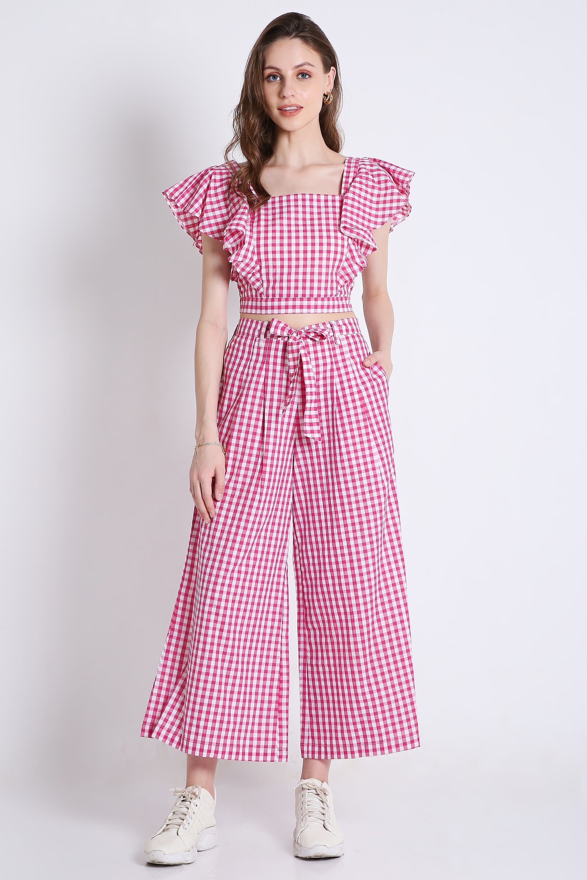 Pink Checks Frilled Crop Top FRENCH THEORY